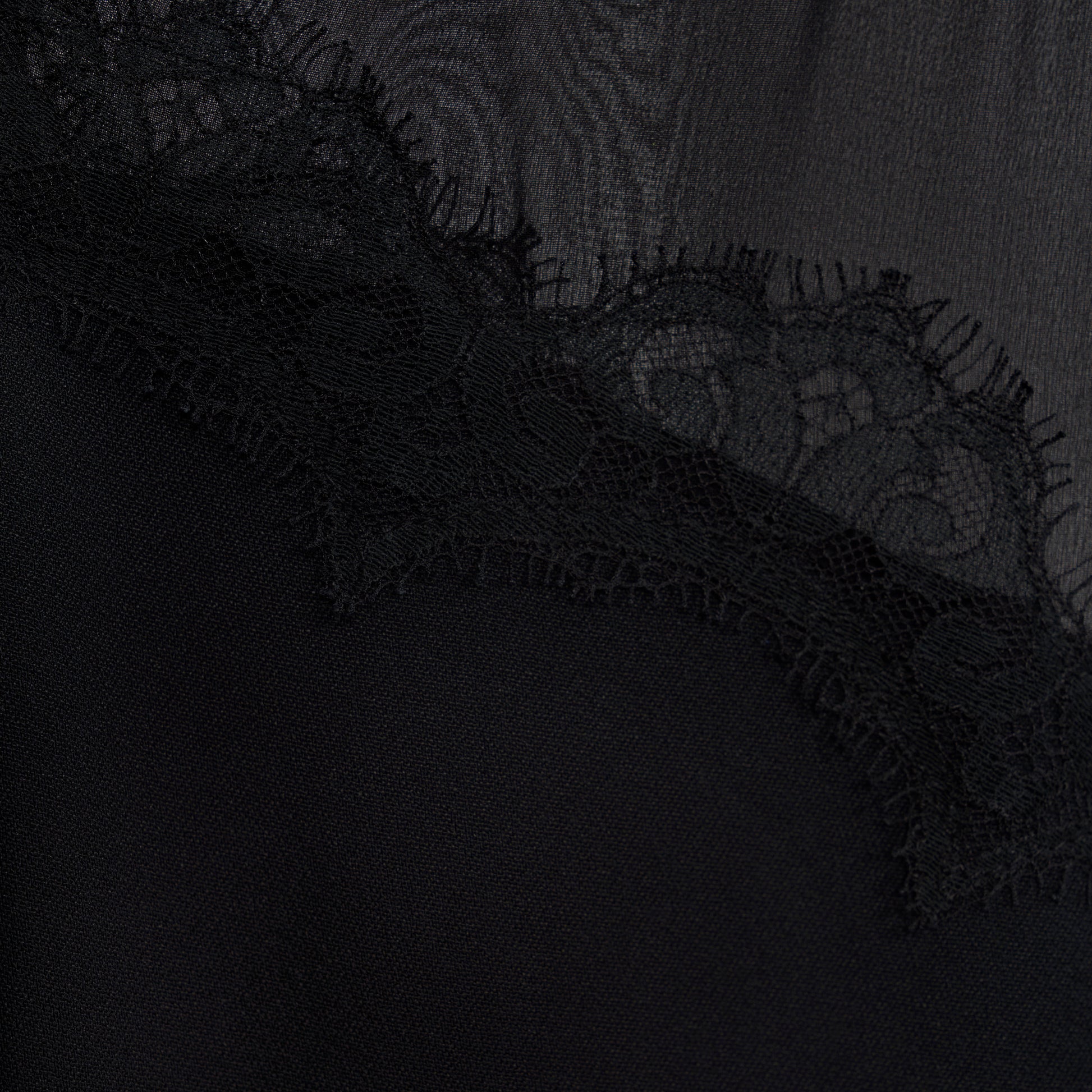 Black cady and silk georgette midi dress cut to a fitted silhouette with an A-line skirt. Finished with a sheer pleated yoke with delicate lace inlay.
