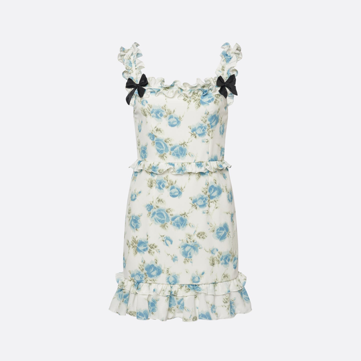 Light blue and white floral-print silk crêpe de chine mini dress with bow-detailed shoulder straps and a ruffled neckline. The silhouette is defined by ruffles at the waist and hem.