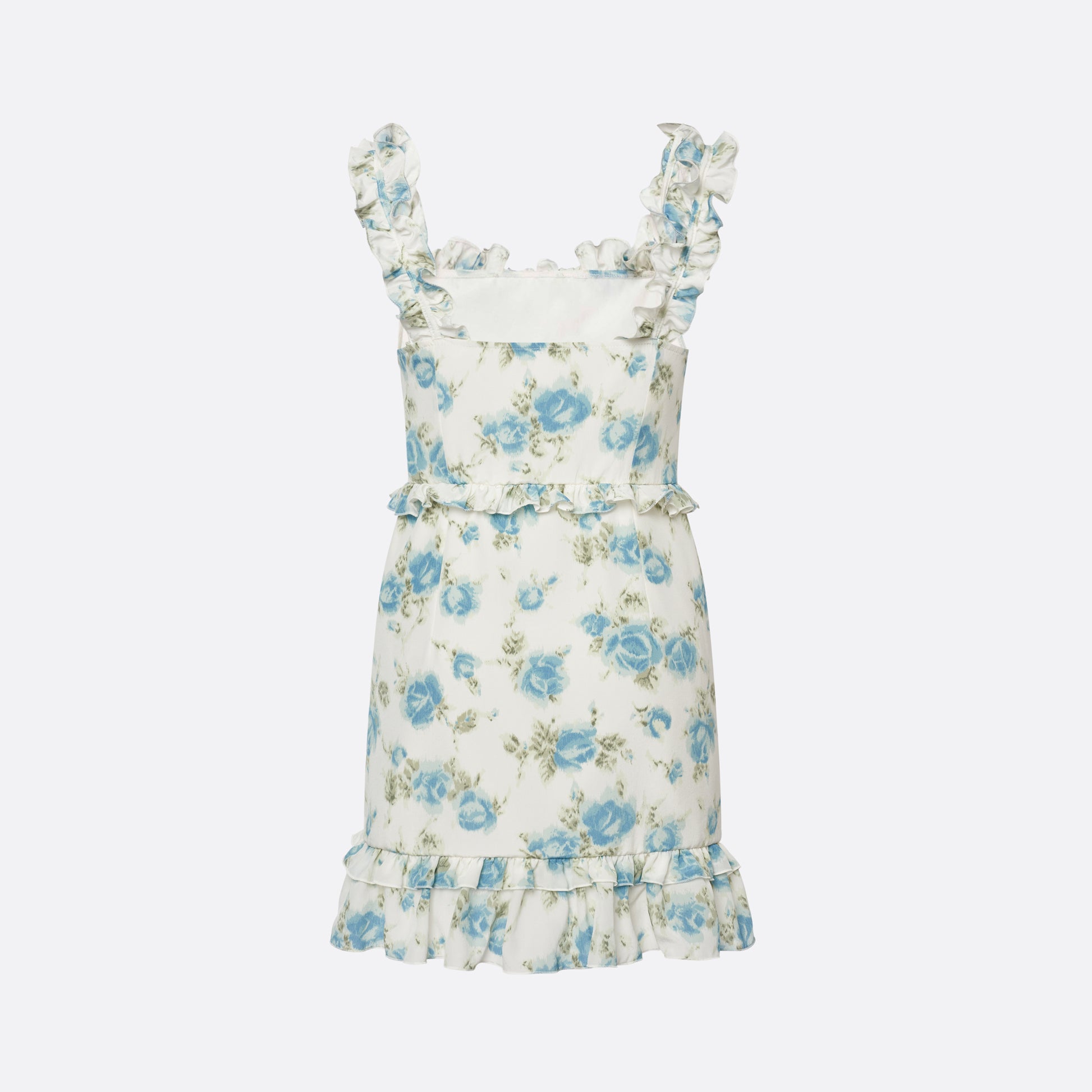 Light blue and white floral-print silk crêpe de chine mini dress with bow-detailed shoulder straps and a ruffled neckline. The silhouette is defined by ruffles at the waist and hem.