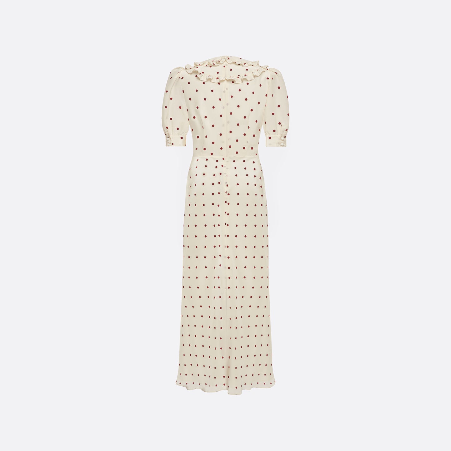 Cream and bordeaux polka-dot silk crêpe de chine midi dress with short puff sleeves and a ruffled collar finished with a tie detail.