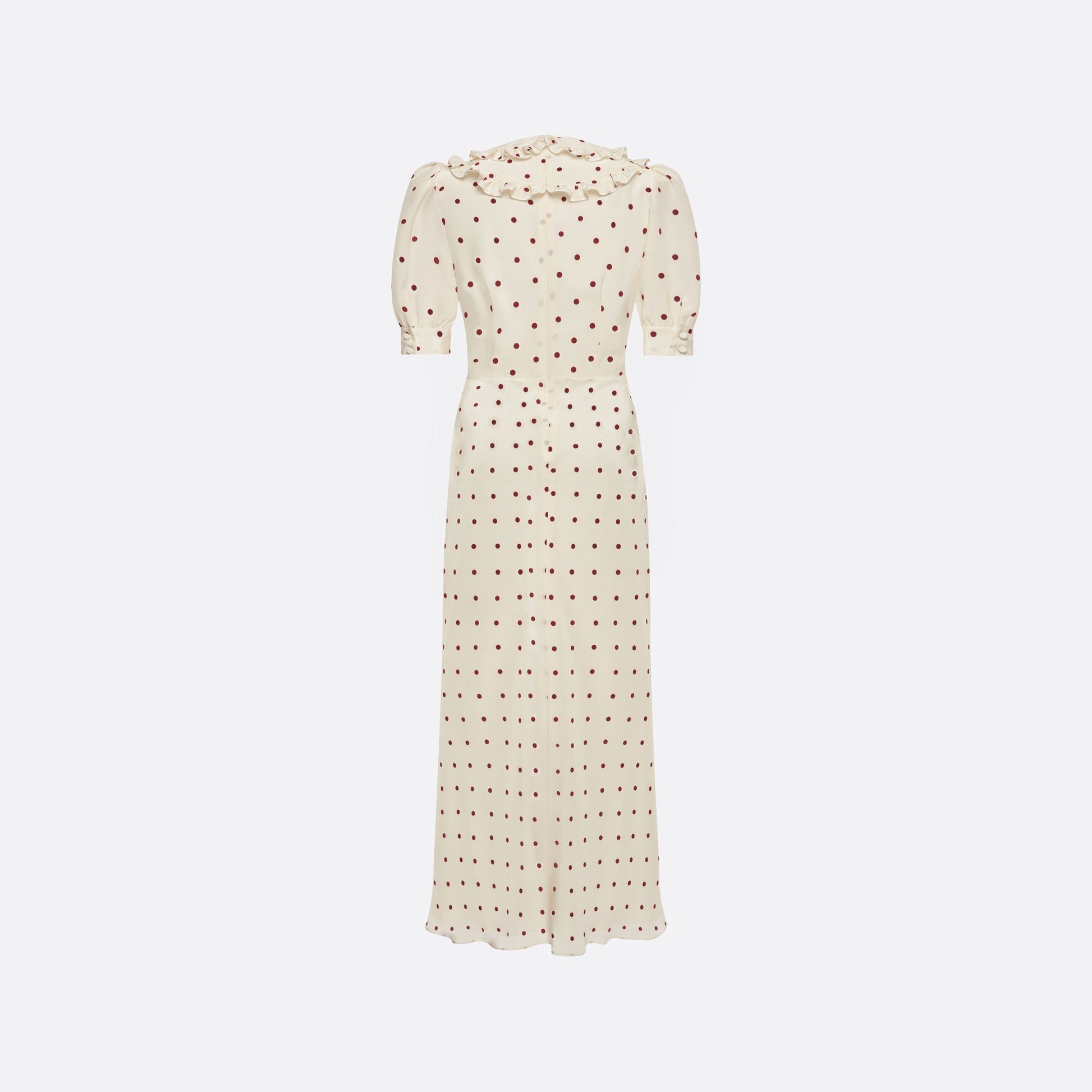 Cream and bordeaux polka-dot silk crêpe de chine midi dress with short puff sleeves and a ruffled collar finished with a tie detail.