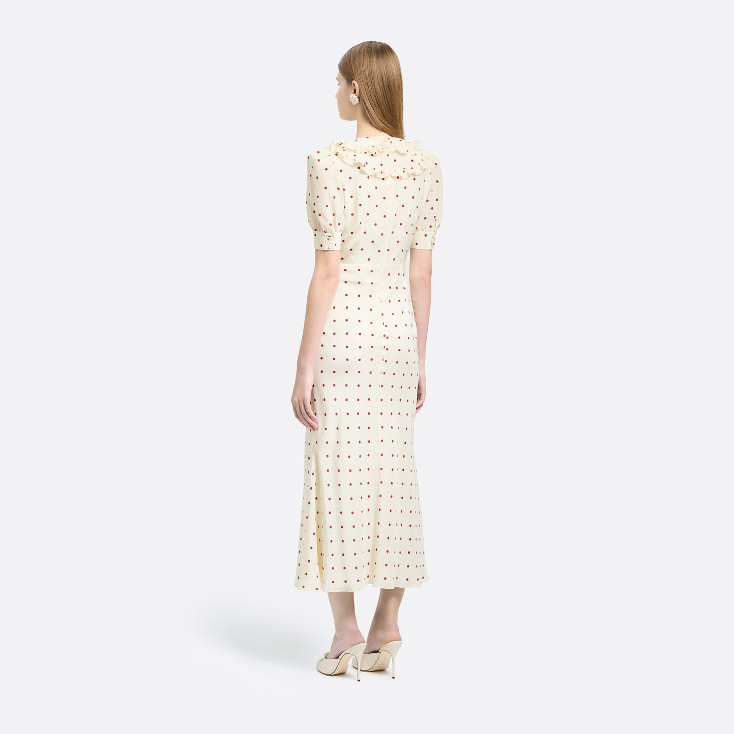 Cream and bordeaux polka-dot silk crêpe de chine midi dress with short puff sleeves and a ruffled collar finished with a tie detail.