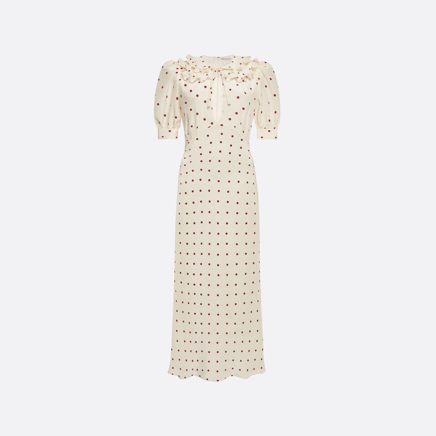 Cream and bordeaux polka-dot silk crêpe de chine midi dress with short puff sleeves and a ruffled collar finished with a tie detail.