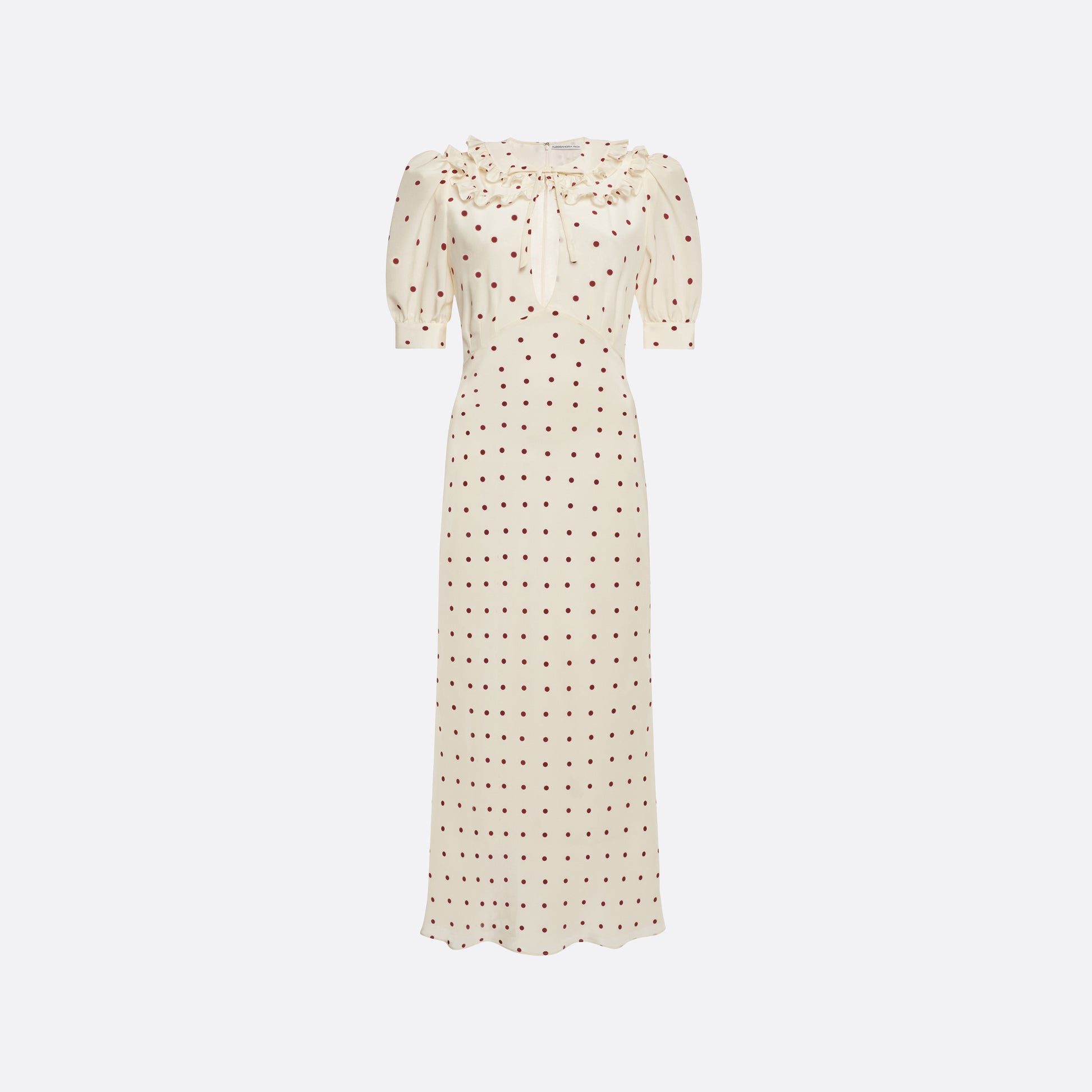 Cream and bordeaux polka-dot silk crêpe de chine midi dress with short puff sleeves and a ruffled collar finished with a tie detail.