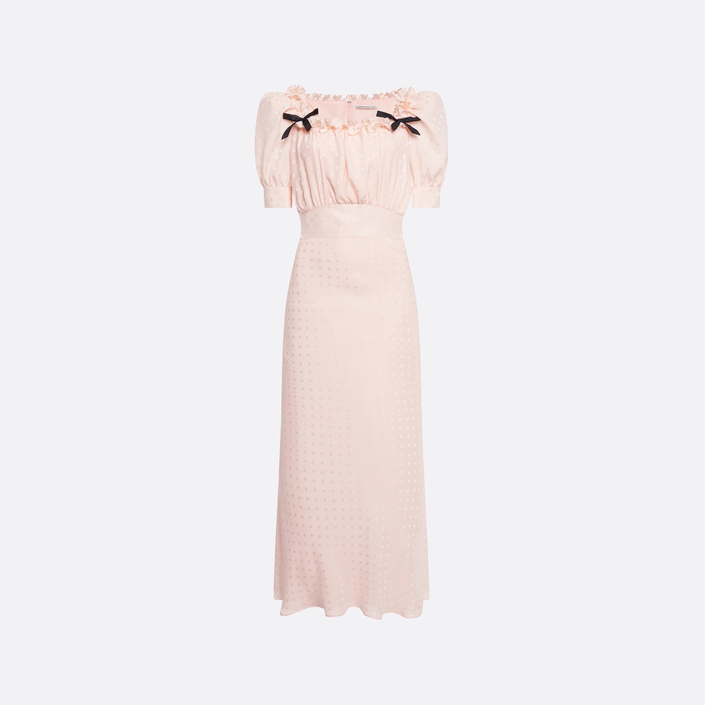 Light pink star-jacquard silk midi dress with short puff sleeves and a square neckline detailed with black bows and a ruffled trim.