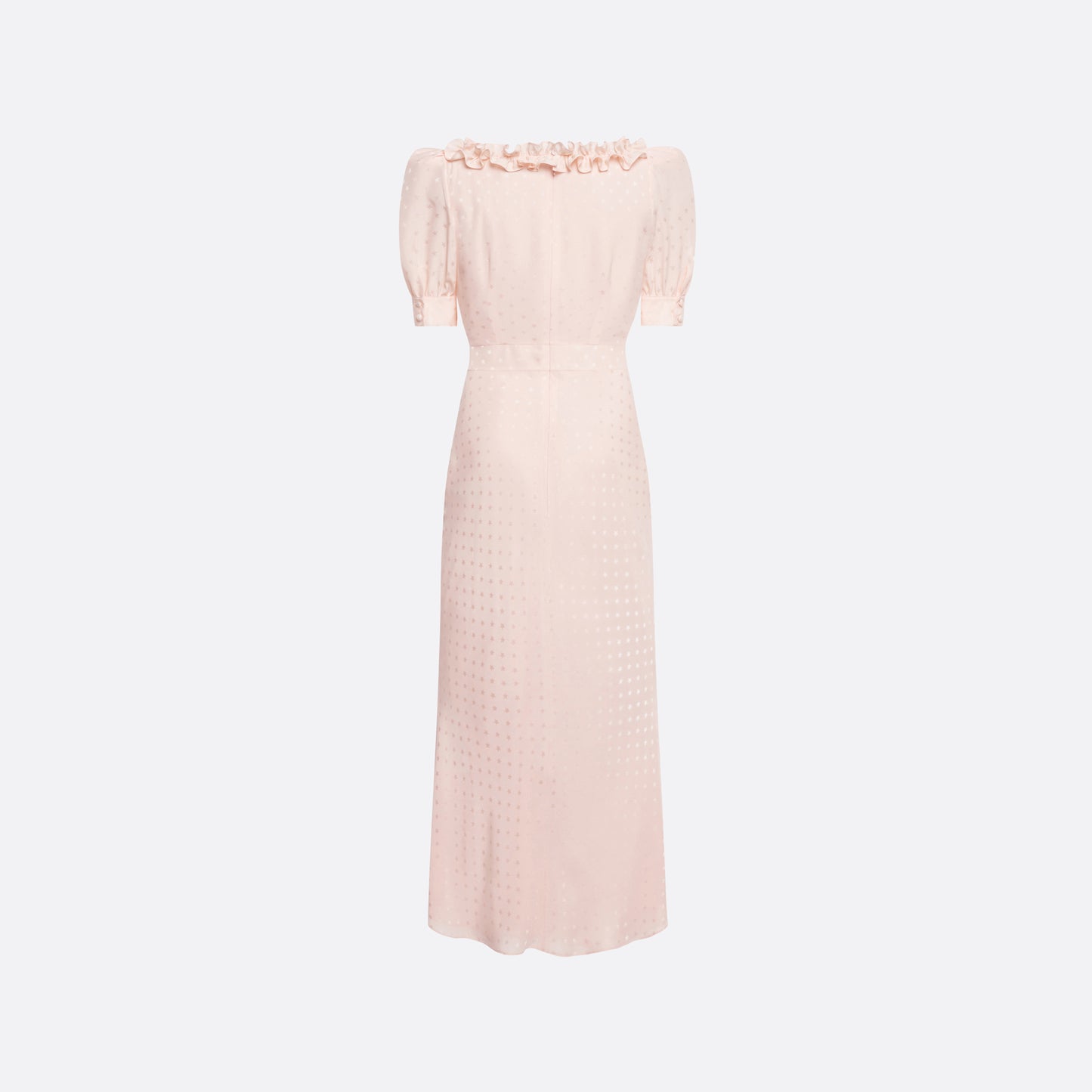 Light pink star-jacquard silk midi dress with short puff sleeves and a square neckline detailed with black bows and a ruffled trim.