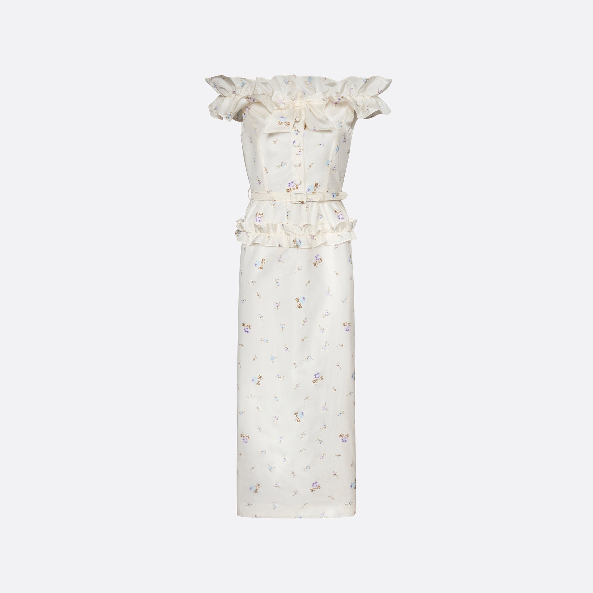 Floral-print white silk taffeta off-shoulder midi dress cut to a fitted silhouette and detailed with a ruffled neckline and bow. Finished with a peplum frill and a slim belt.

Look 11 – Fall Winter 2026 Lookbook.