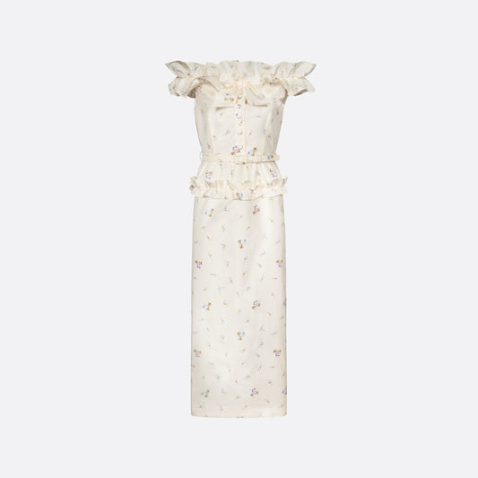 FLORAL-PRINT SILK TAFFETA OFF-SHOULDER DRESS