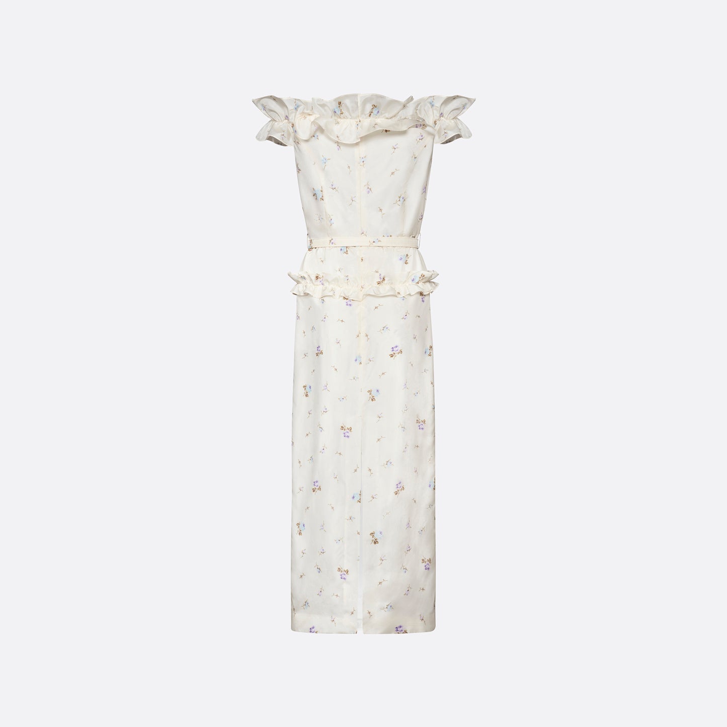 Floral-print white silk taffeta off-shoulder midi dress cut to a fitted silhouette and detailed with a ruffled neckline and bow. Finished with a peplum frill and a slim belt.

Look 11 – Fall Winter 2026 Lookbook.