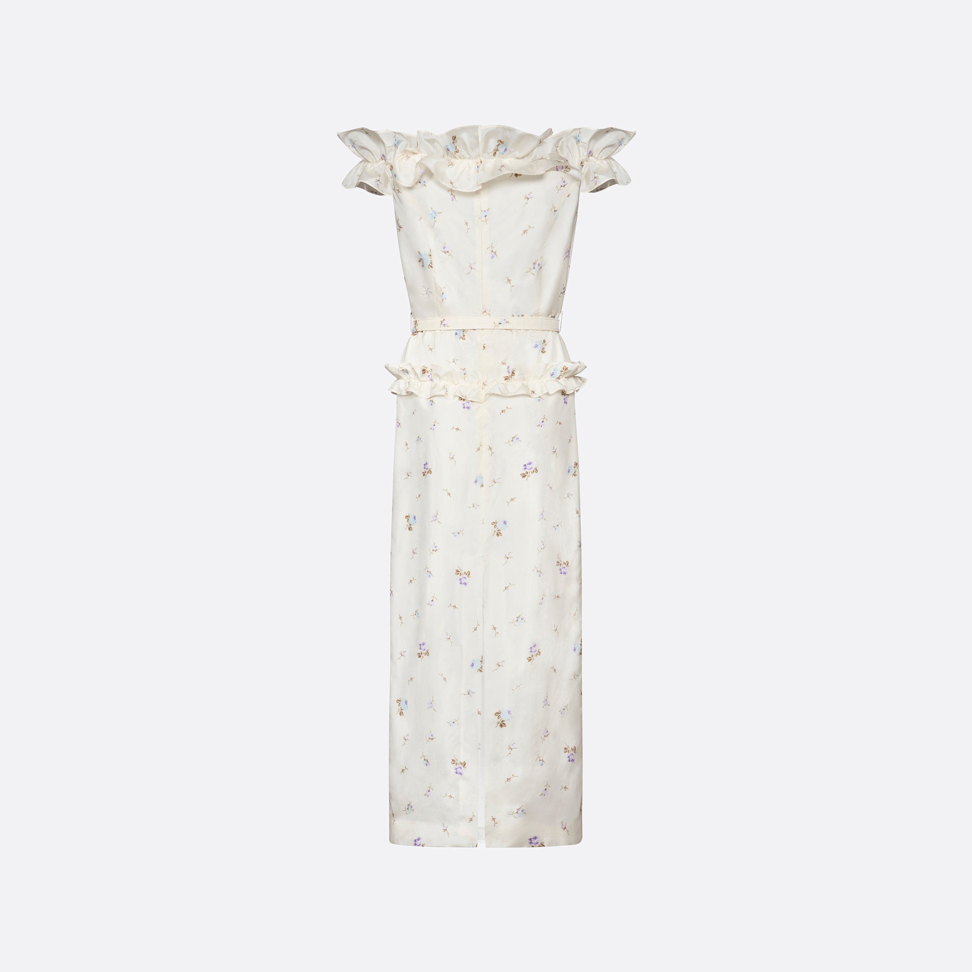Floral-print white silk taffeta off-shoulder midi dress cut to a fitted silhouette and detailed with a ruffled neckline and bow. Finished with a peplum frill and a slim belt.

Look 11 – Fall Winter 2026 Lookbook.