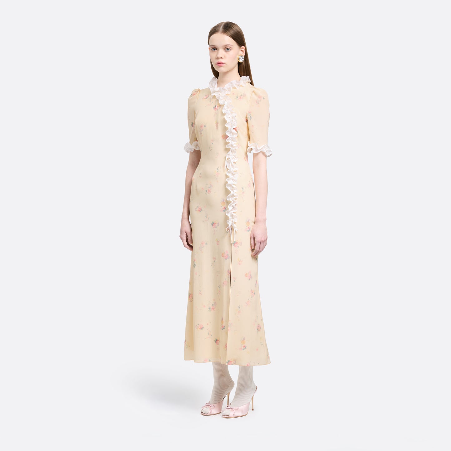 Cream floral-print silk crêpe de chine midi dress with short sleeves detailed with a ruffled trim and an asymmetric ruffle detail finished with bows.