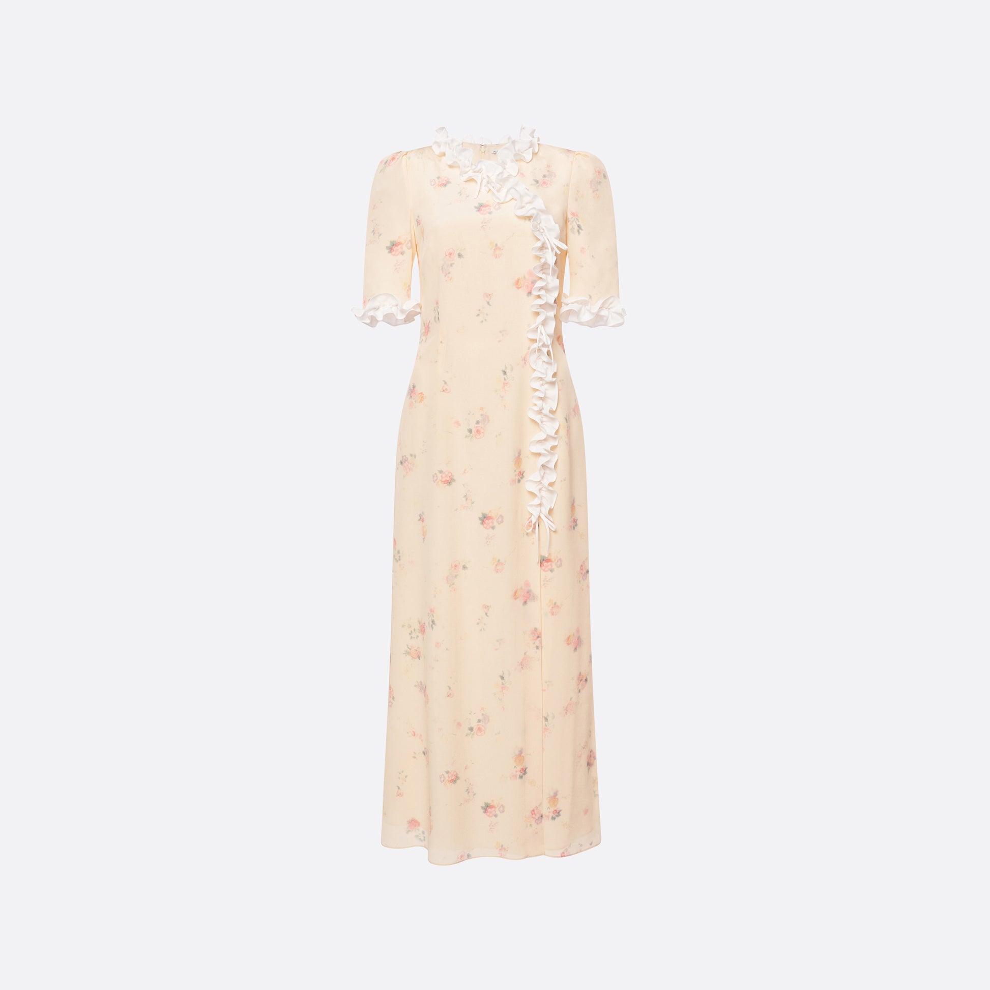 Cream floral-print silk crêpe de chine midi dress with short sleeves detailed with a ruffled trim and an asymmetric ruffle detail finished with bows.