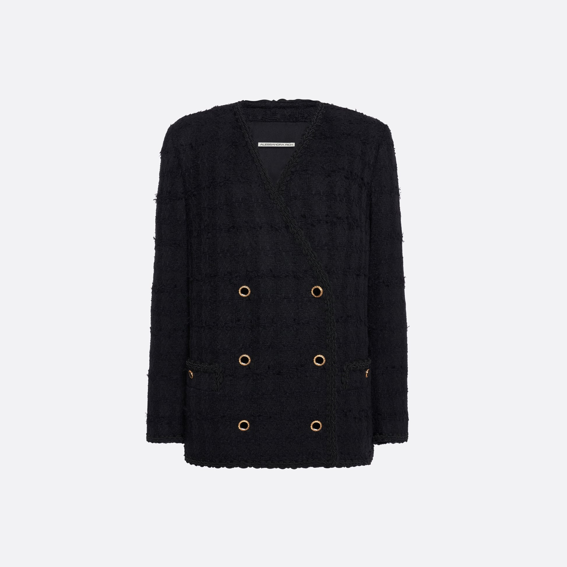Black check tweed bouclé double-breasted jacket cut to a slightly boxy silhouette with long sleeves finished with gold-tone buttons.

Look 5 – Fall Winter 2026 Lookbook.