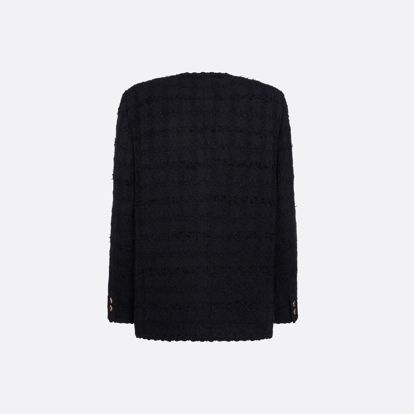 Black check tweed bouclé double-breasted jacket cut to a slightly boxy silhouette with long sleeves finished with gold-tone buttons.

Look 5 – Fall Winter 2026 Lookbook.