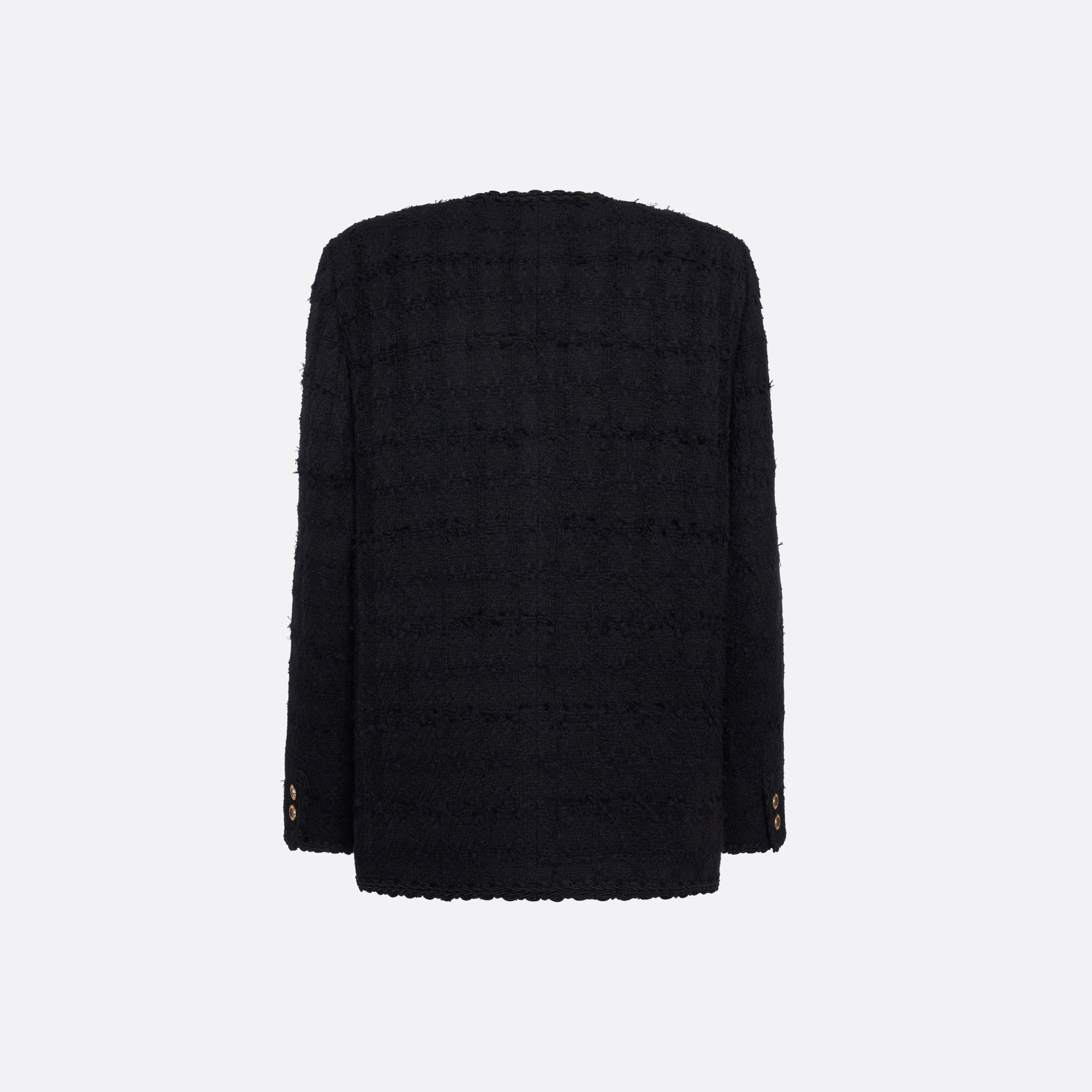 Black check tweed bouclé double-breasted jacket cut to a slightly boxy silhouette with long sleeves finished with gold-tone buttons.

Look 5 – Fall Winter 2026 Lookbook.