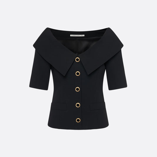 Black wool crêpe off-shoulder jacket with a wide folded neckline and short sleeves. Finished with black and gold-tone buttons and welt pockets.