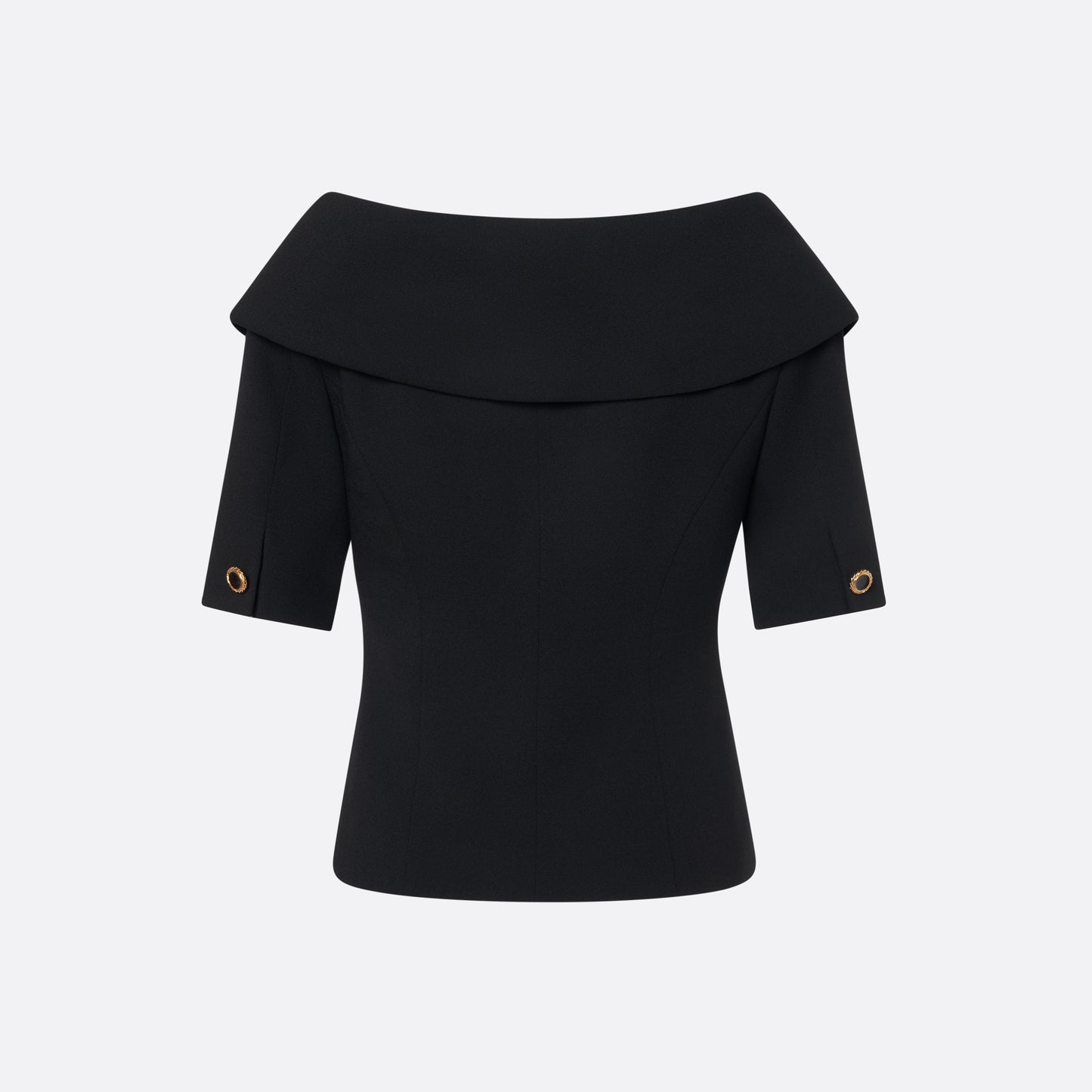 Black wool crêpe off-shoulder jacket with a wide folded neckline and short sleeves. Finished with black and gold-tone buttons and welt pockets.