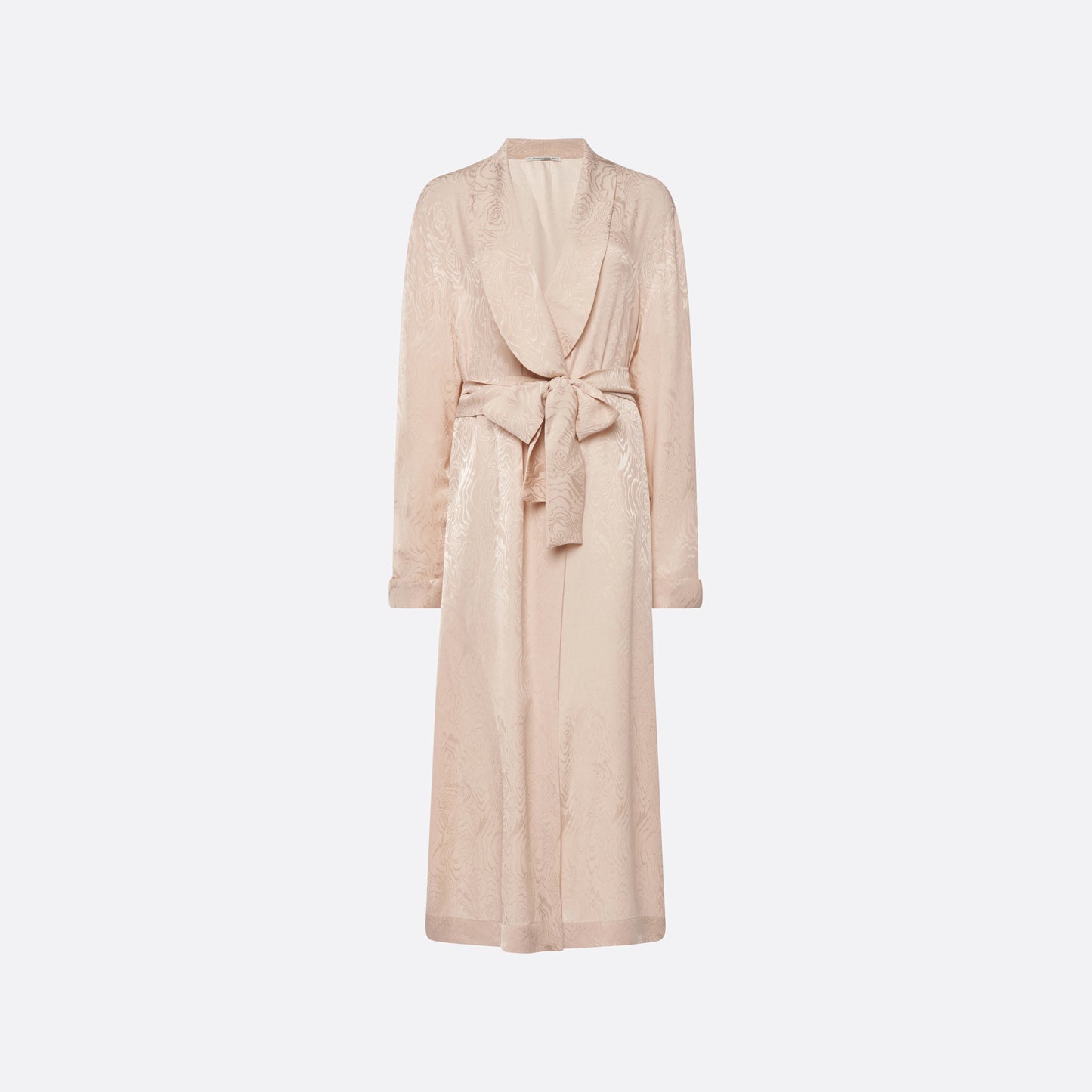 Blush silk moiré robe cut to a fluid silhouette with a shawl collar and long sleeves. Finished with a self-tie belt at the waist.