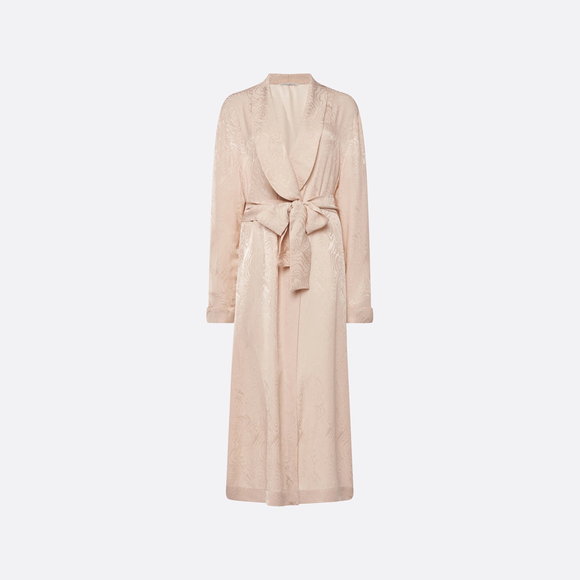 Blush silk moiré robe cut to a fluid silhouette with a shawl collar and long sleeves. Finished with a self-tie belt at the waist.