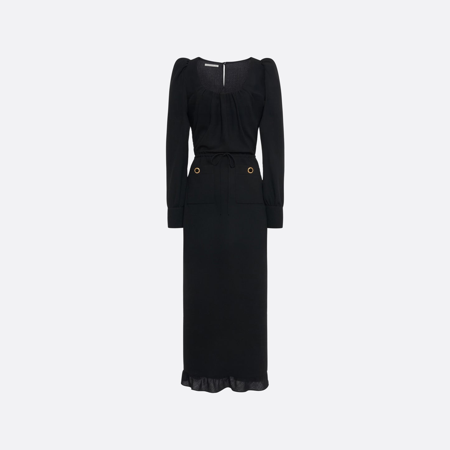 Black light wool crêpe midi dress with a scoop neckline, long sleeves and a drawstring waist. Finished with patch pockets and black and gold-tone buttons.