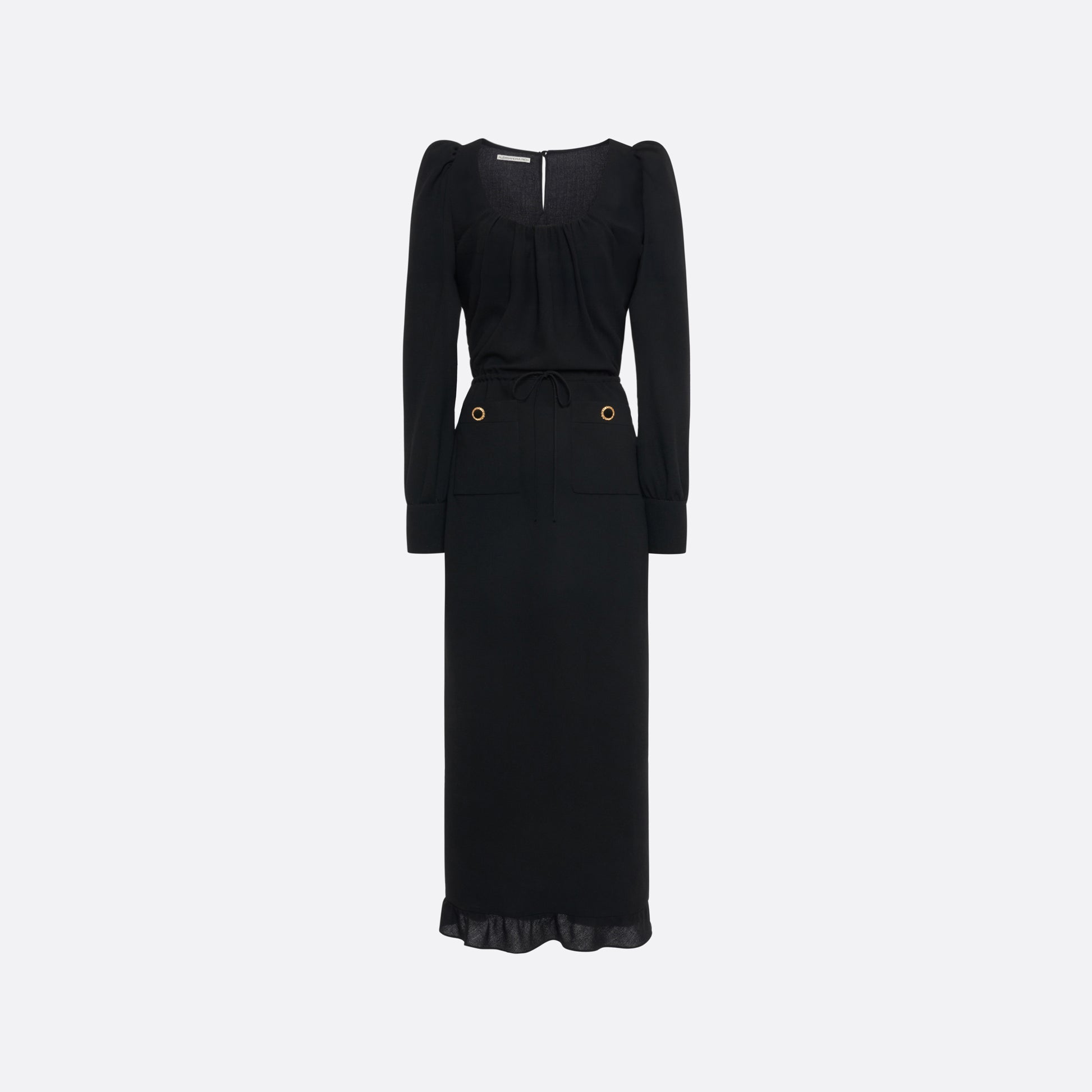 Black light wool crêpe midi dress with a scoop neckline, long sleeves and a drawstring waist. Finished with patch pockets and black and gold-tone buttons.