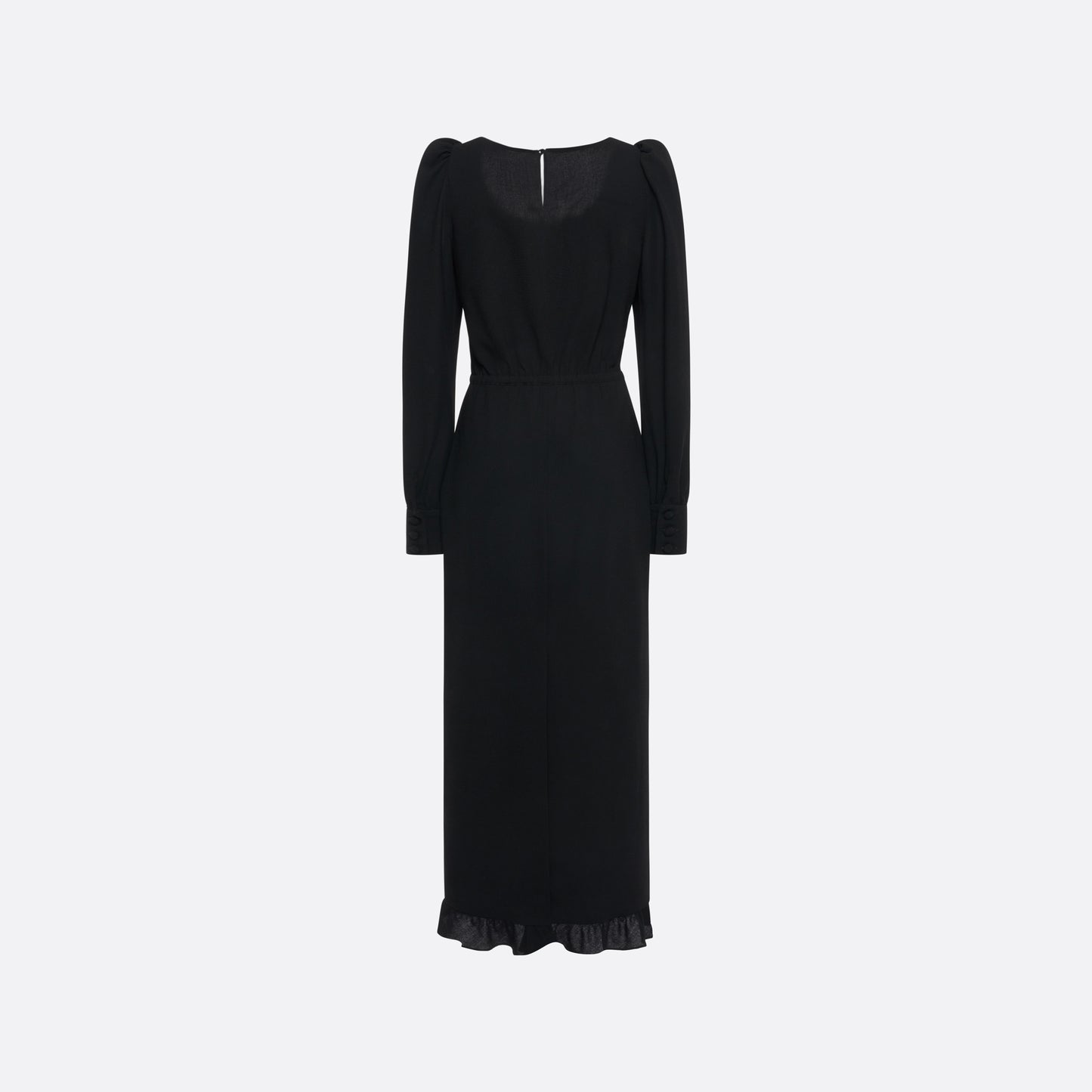Black light wool crêpe midi dress with a scoop neckline, long sleeves and a drawstring waist. Finished with patch pockets and black and gold-tone buttons.