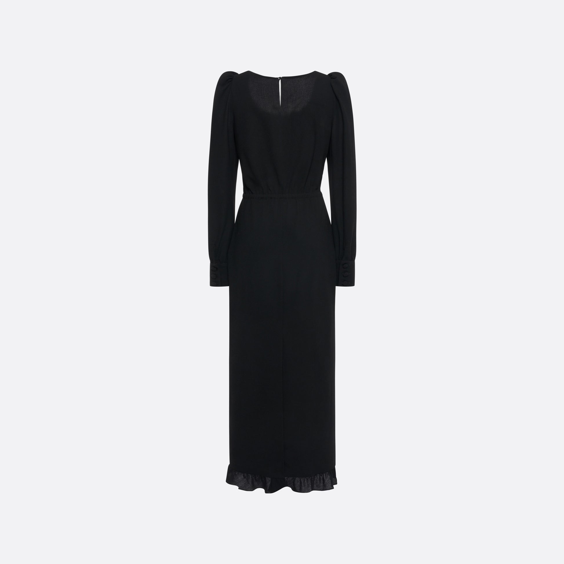 Black light wool crêpe midi dress with a scoop neckline, long sleeves and a drawstring waist. Finished with patch pockets and black and gold-tone buttons.