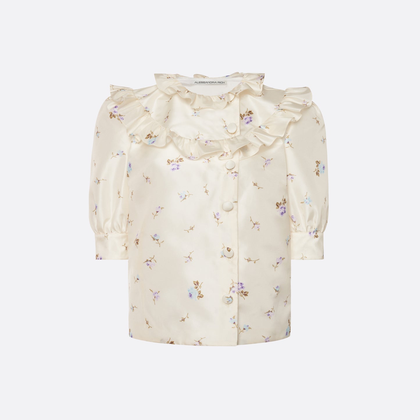 Floral-print white silk taffeta blouse with ruffle trims, short puff sleeves and a side button closure.