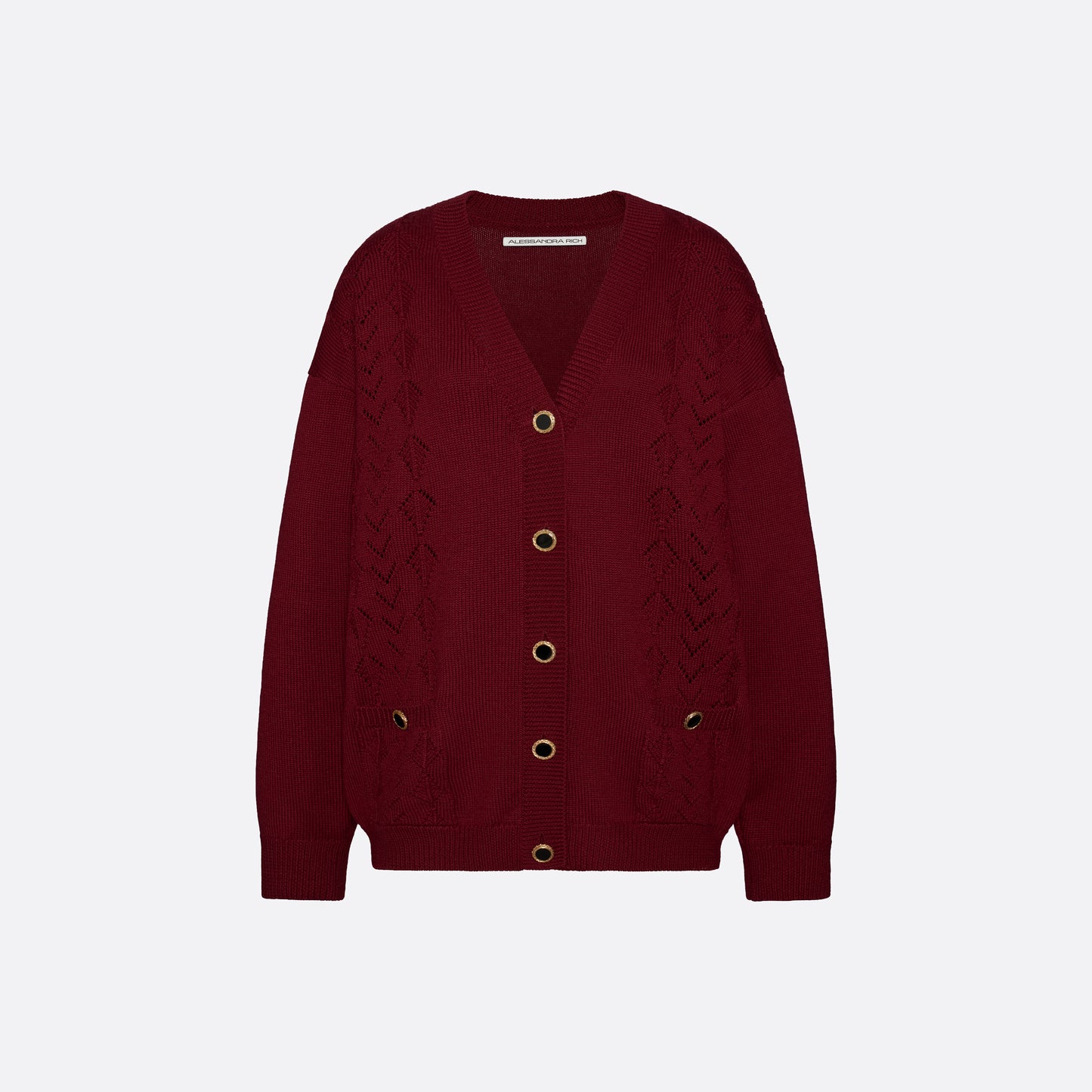 Bordeaux merino wool lace-knit cardigan cut to a relaxed silhouette with a V-neckline. Finished with patch pockets and black and gold-tone buttons.