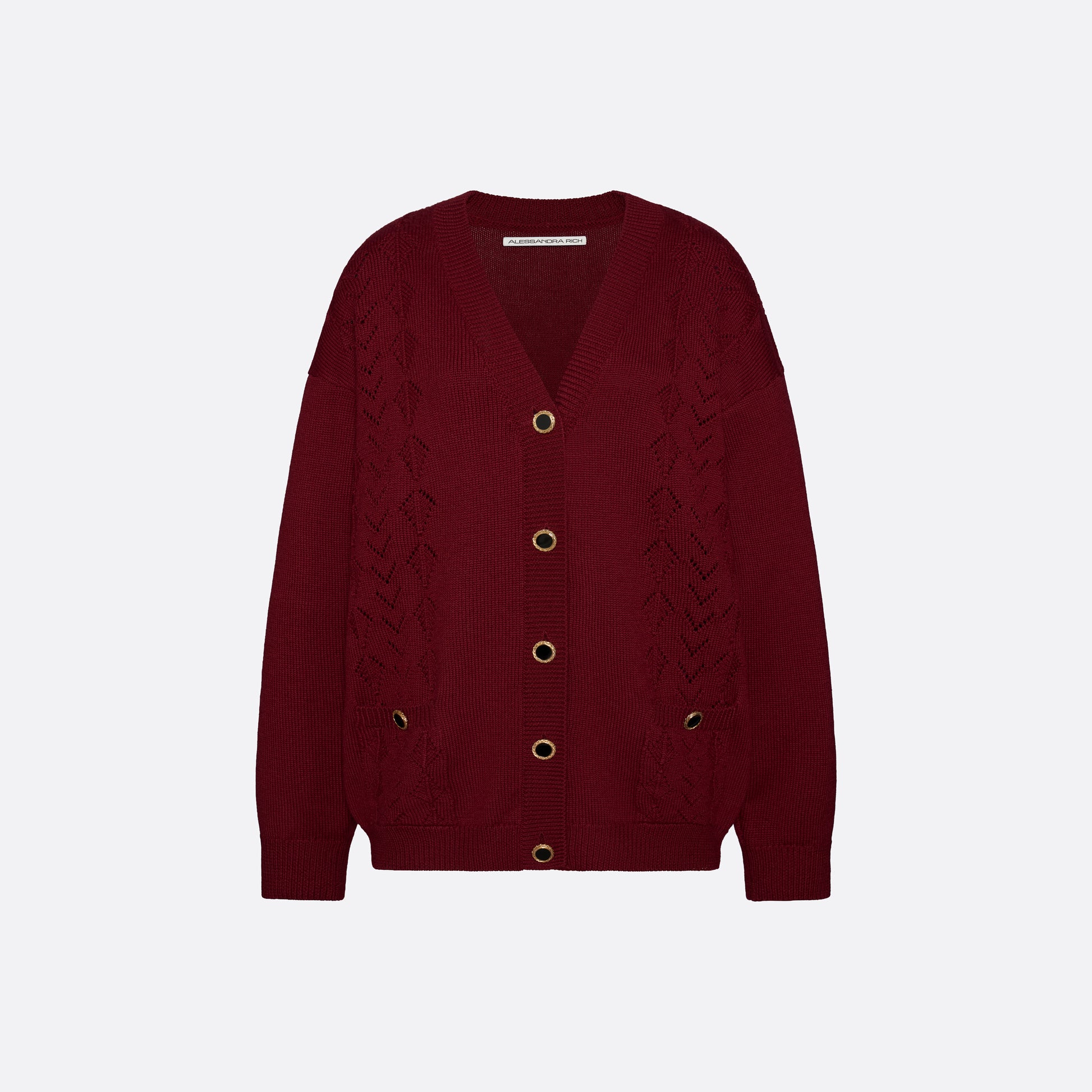 Bordeaux merino wool lace-knit cardigan cut to a relaxed silhouette with a V-neckline. Finished with patch pockets and black and gold-tone buttons.