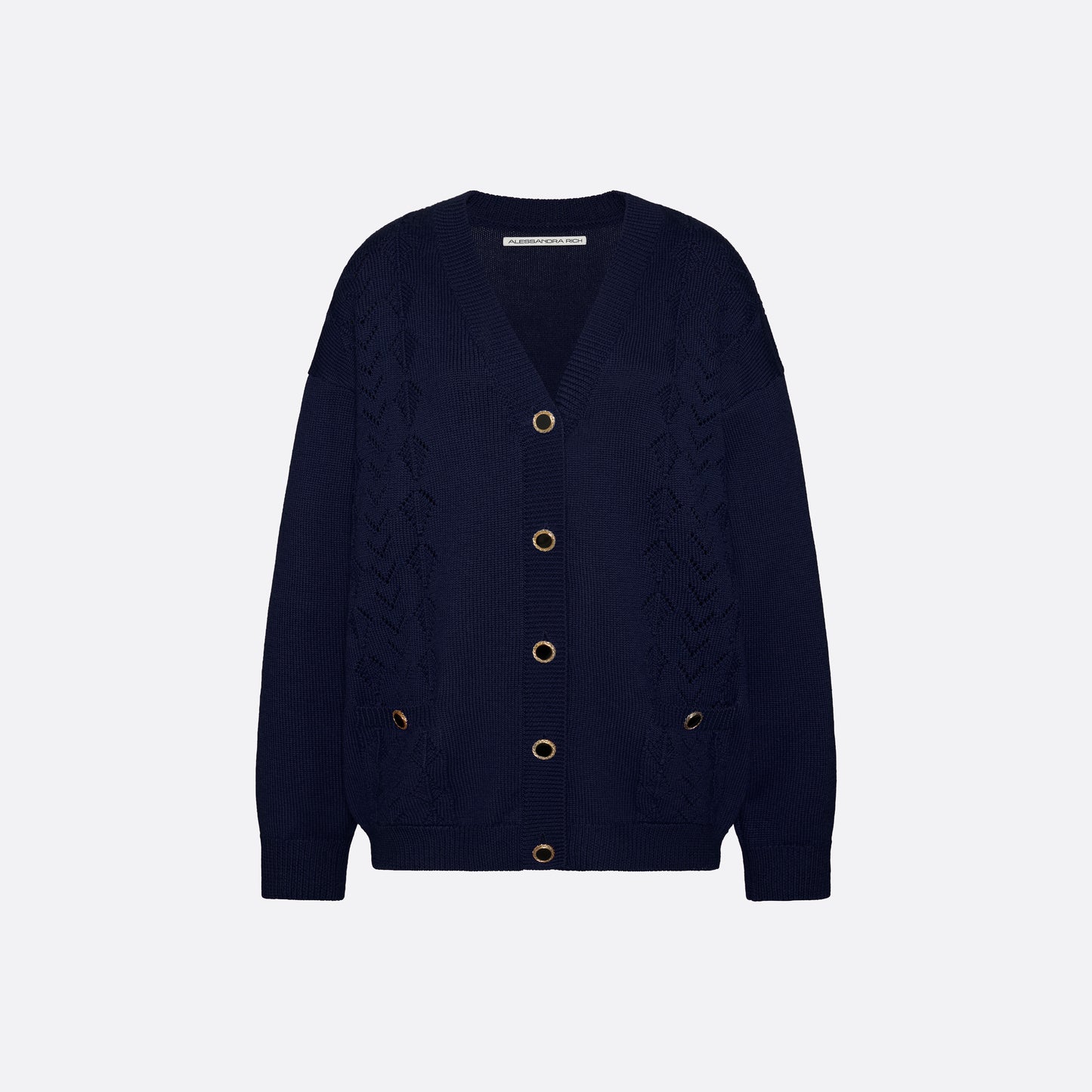 Navy merino wool lace-knit cardigan cut to a relaxed silhouette with a V-neckline. Finished with patch pockets and black and gold-tone buttons.