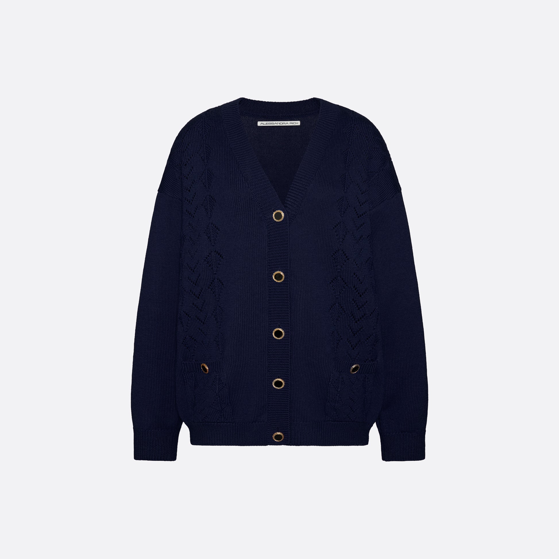 Navy merino wool lace-knit cardigan cut to a relaxed silhouette with a V-neckline. Finished with patch pockets and black and gold-tone buttons.
