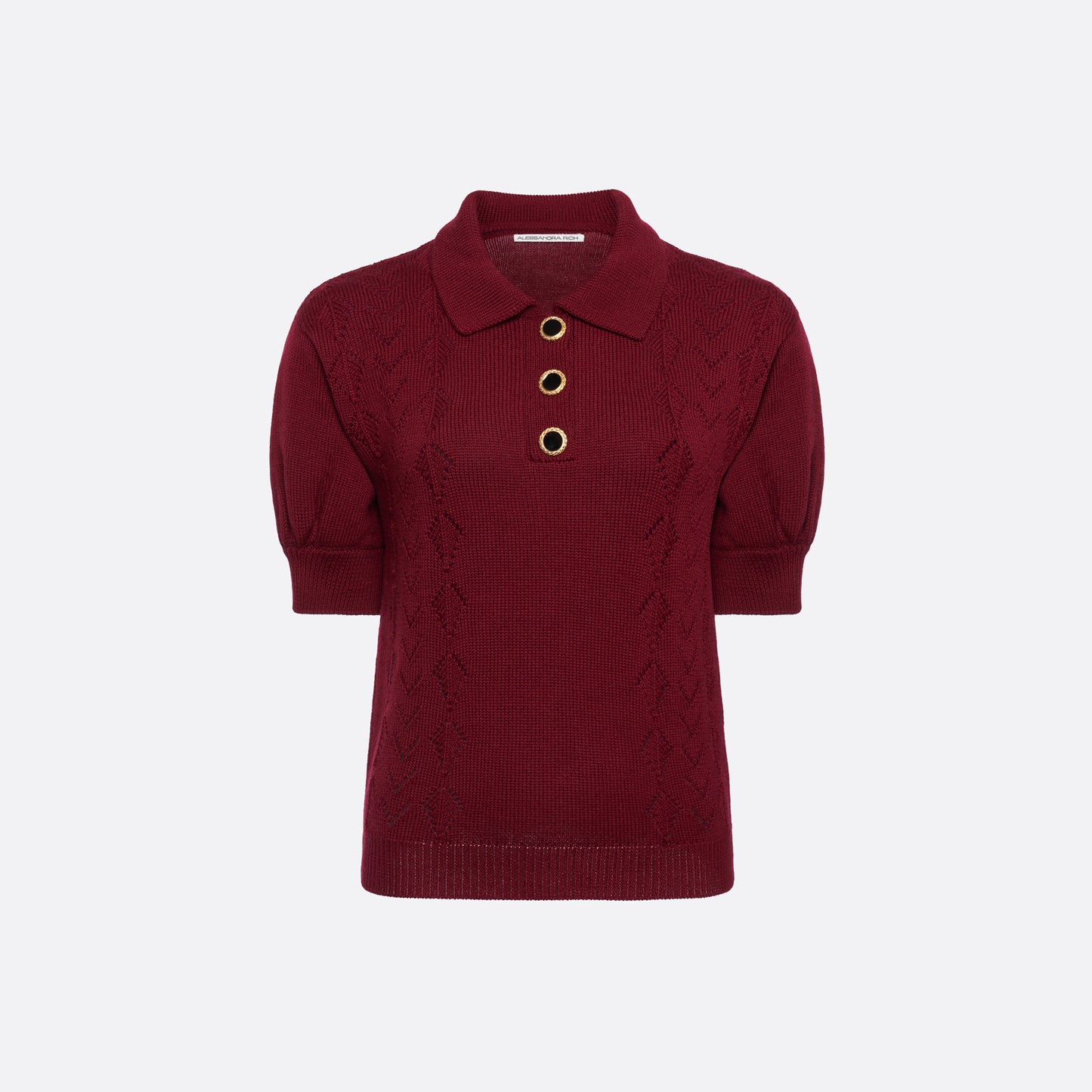 Bordeaux merino wool lace-knit polo cut to a fitted silhouette with short puff sleeves and black and gold-tone buttons.
