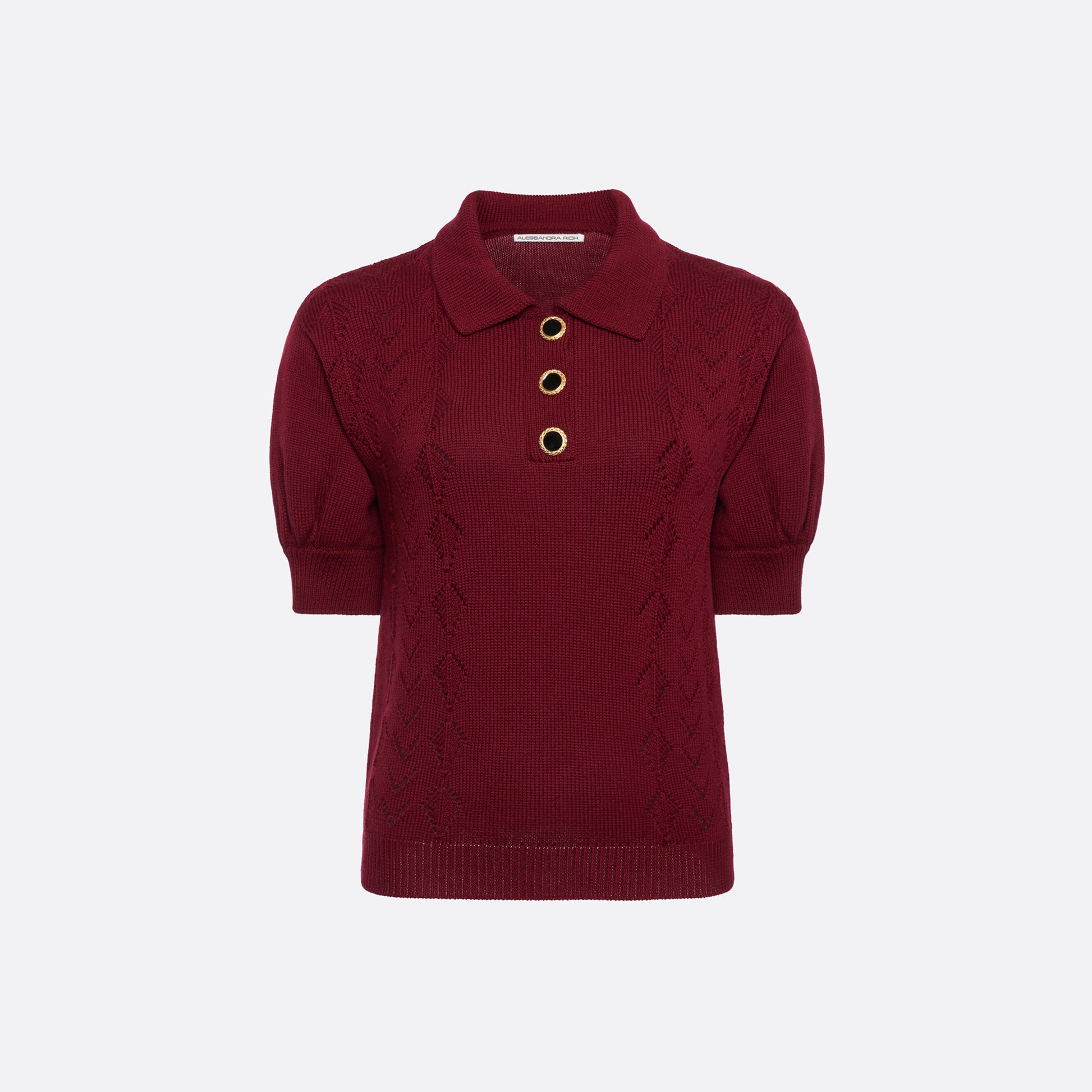Bordeaux merino wool lace-knit polo cut to a fitted silhouette with short puff sleeves and black and gold-tone buttons.