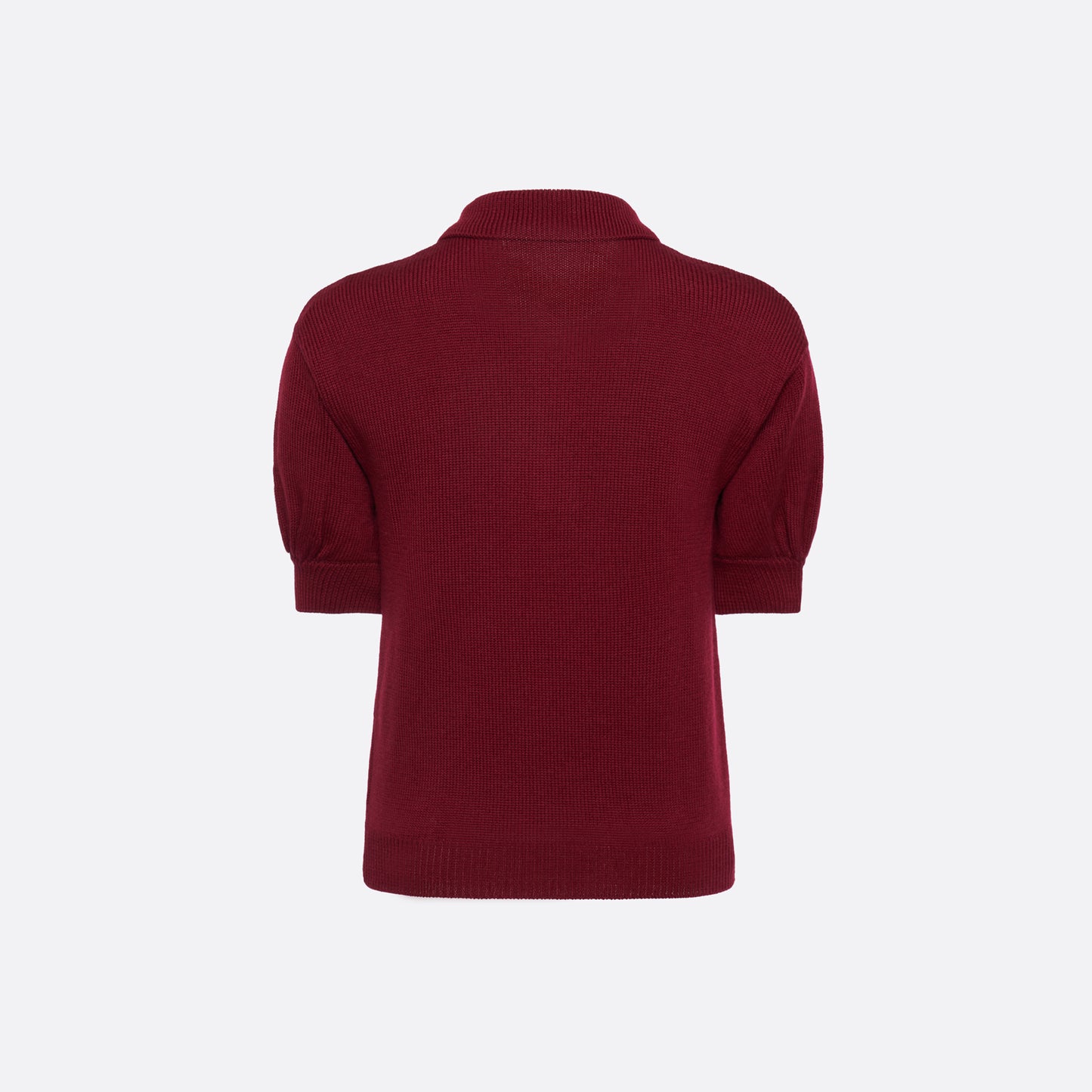 Bordeaux merino wool lace-knit polo cut to a fitted silhouette with short puff sleeves and black and gold-tone buttons.