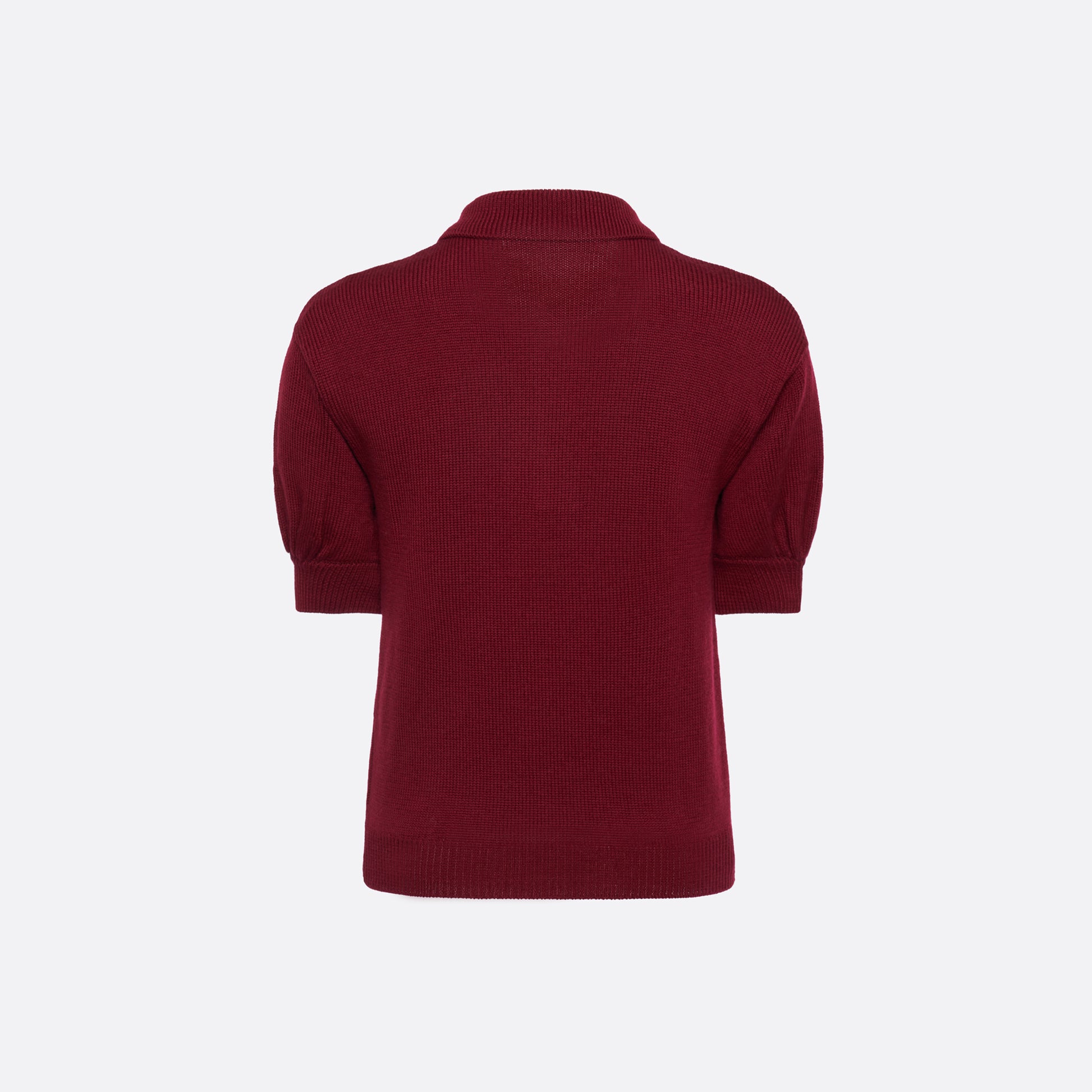 Bordeaux merino wool lace-knit polo cut to a fitted silhouette with short puff sleeves and black and gold-tone buttons.