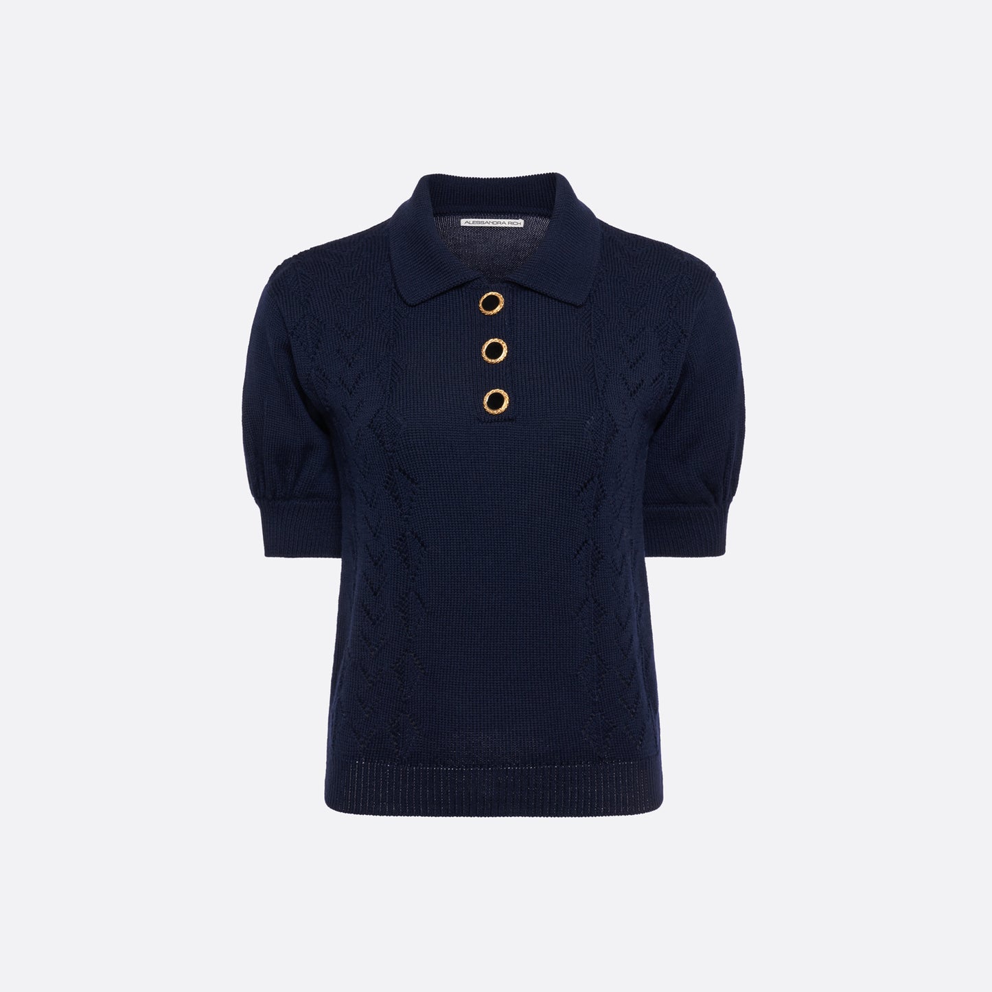 Navy blue merino wool lace-knit polo cut to a fitted silhouette with short puff sleeves and black and gold-tone buttons.
