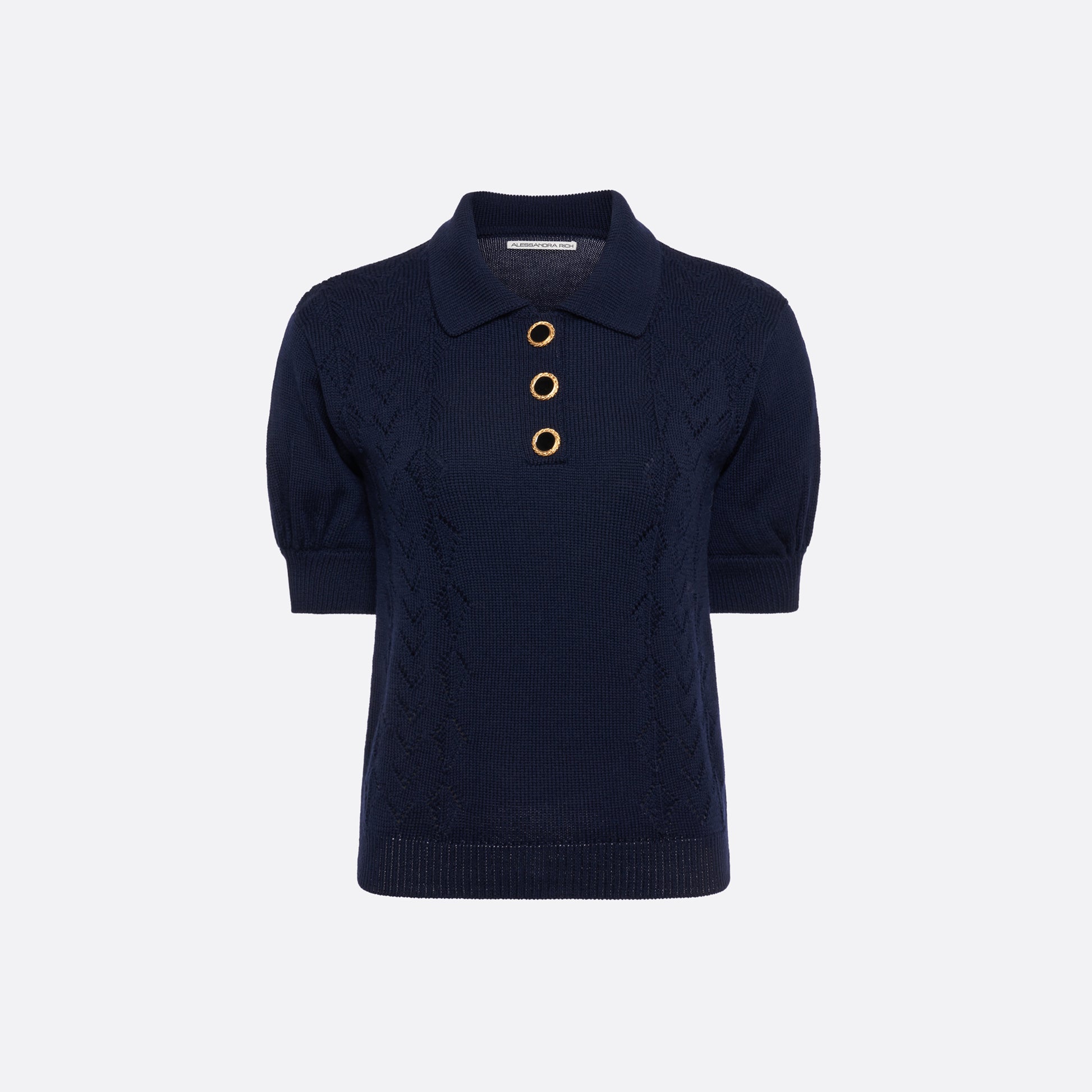 Navy blue merino wool lace-knit polo cut to a fitted silhouette with short puff sleeves and black and gold-tone buttons.