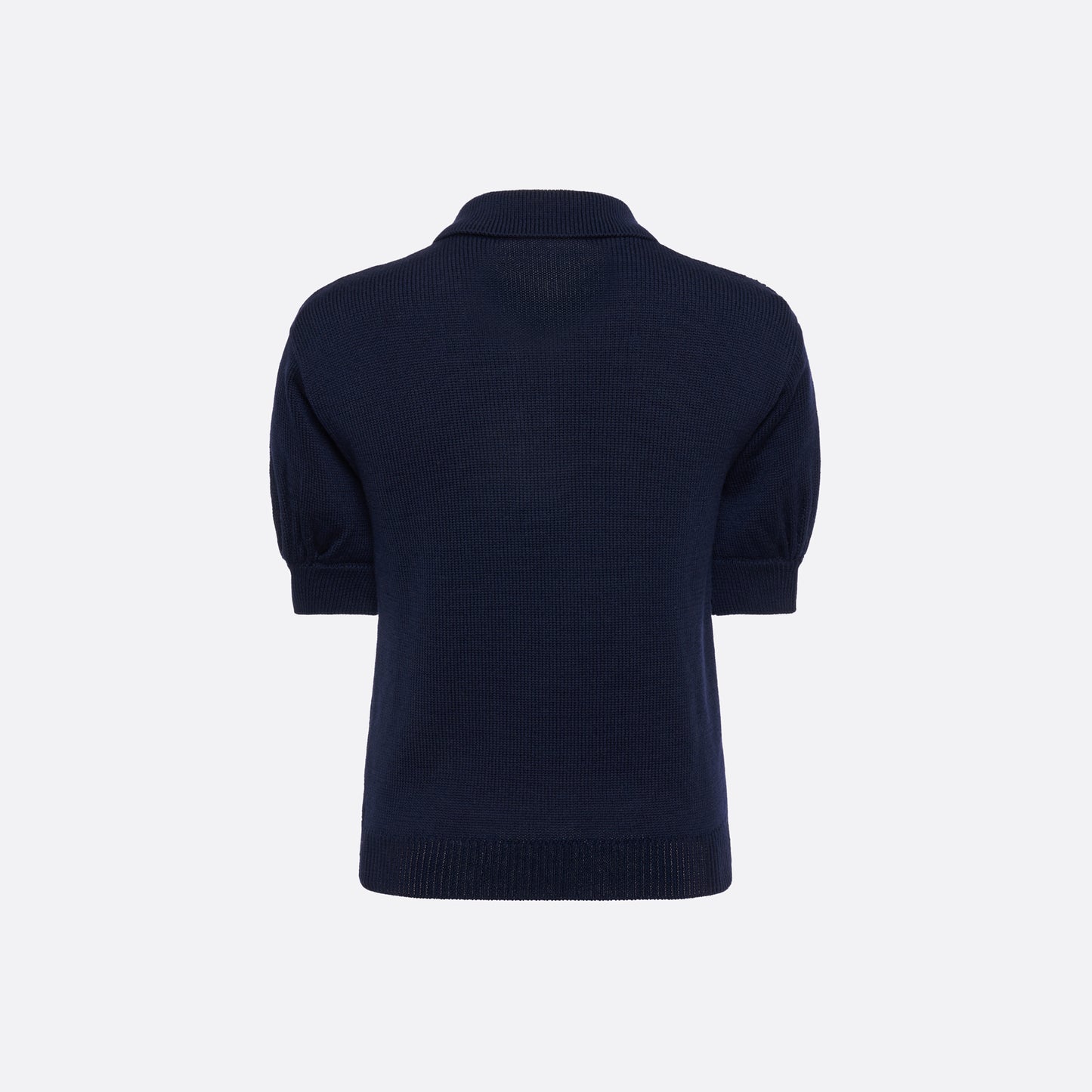 Navy blue merino wool lace-knit polo cut to a fitted silhouette with short puff sleeves and black and gold-tone buttons.