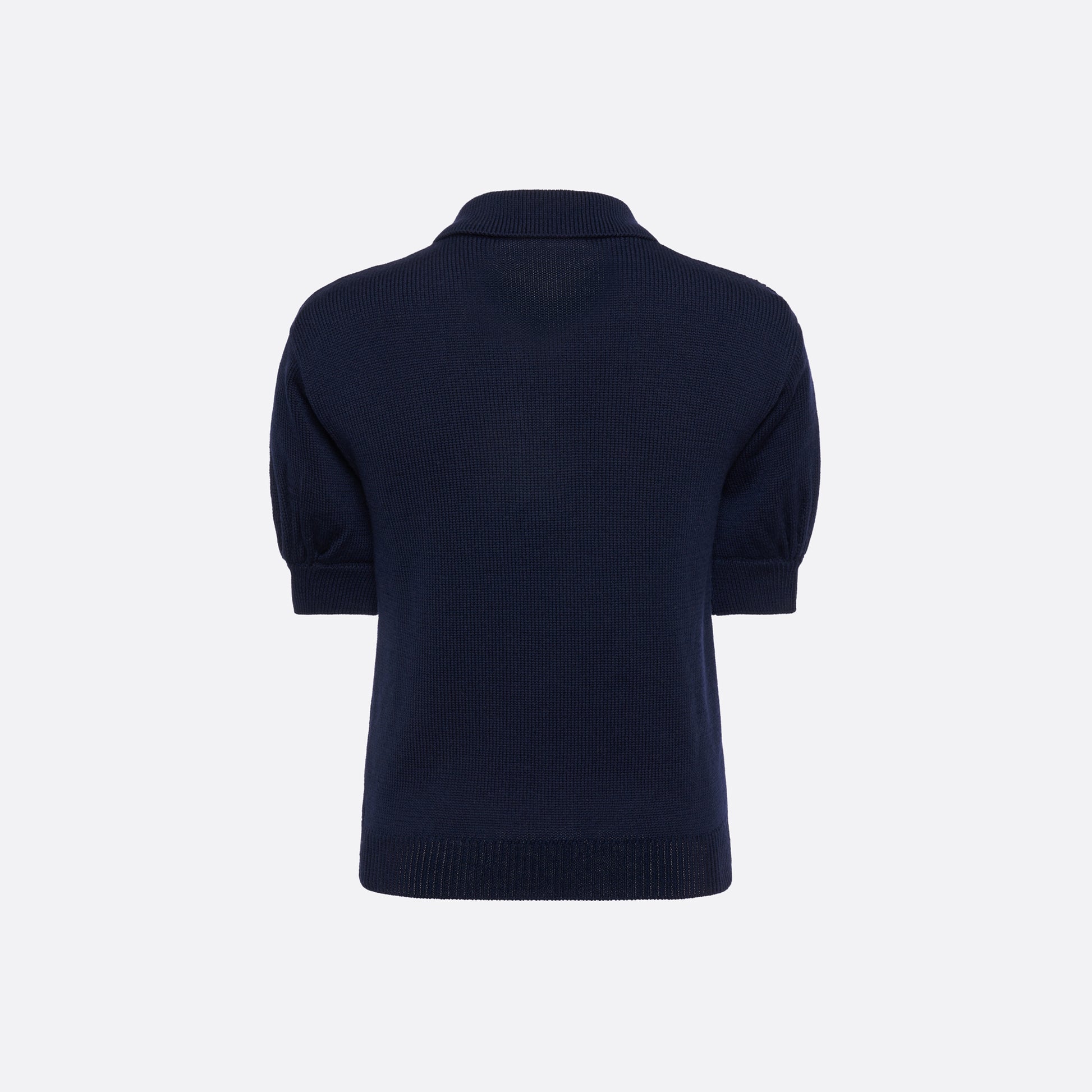 Navy blue merino wool lace-knit polo cut to a fitted silhouette with short puff sleeves and black and gold-tone buttons.