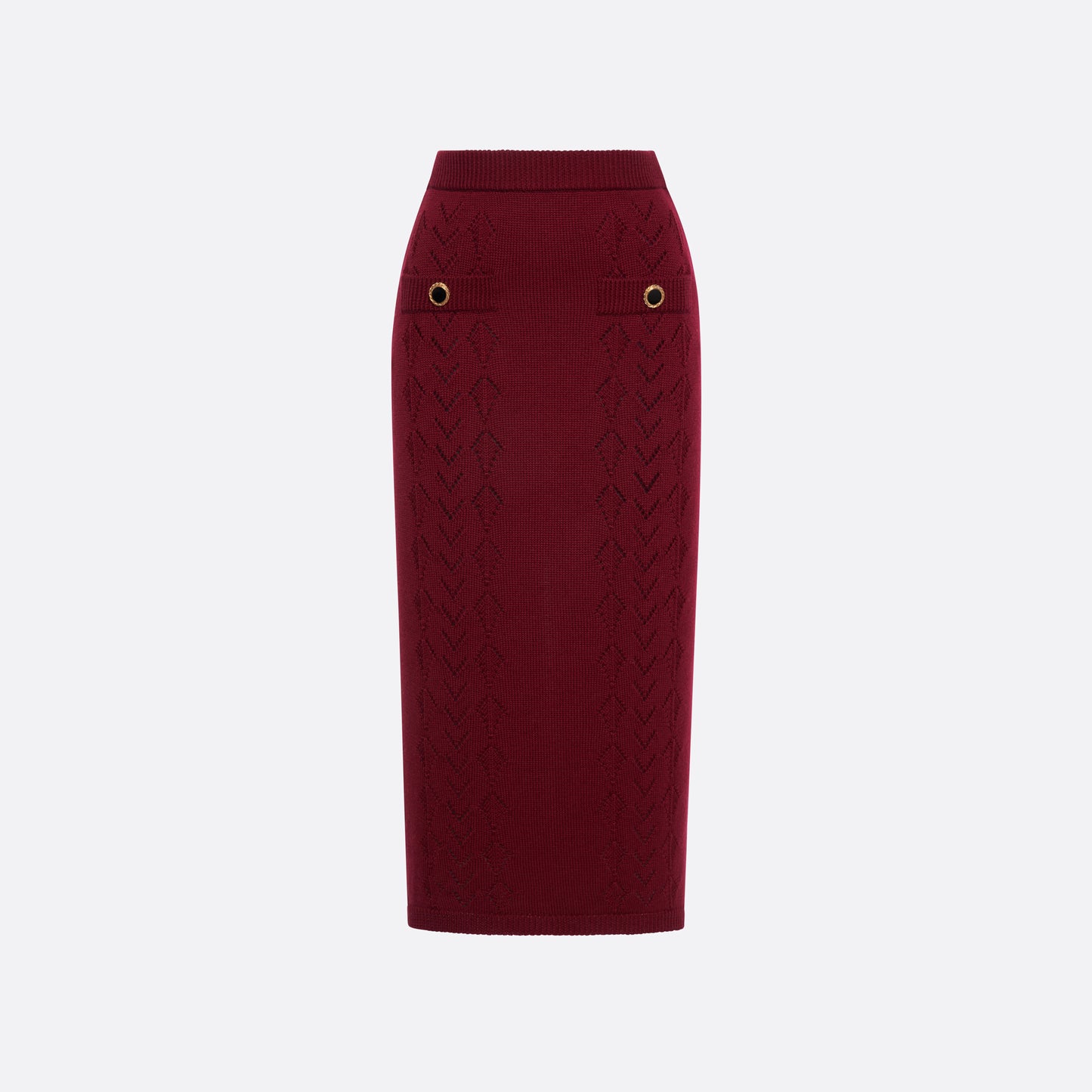 Bordeaux merino wool lace-knit midi skirt cut in a fitted silhouette. Finished with decorative pockets and black and gold-tone buttons.