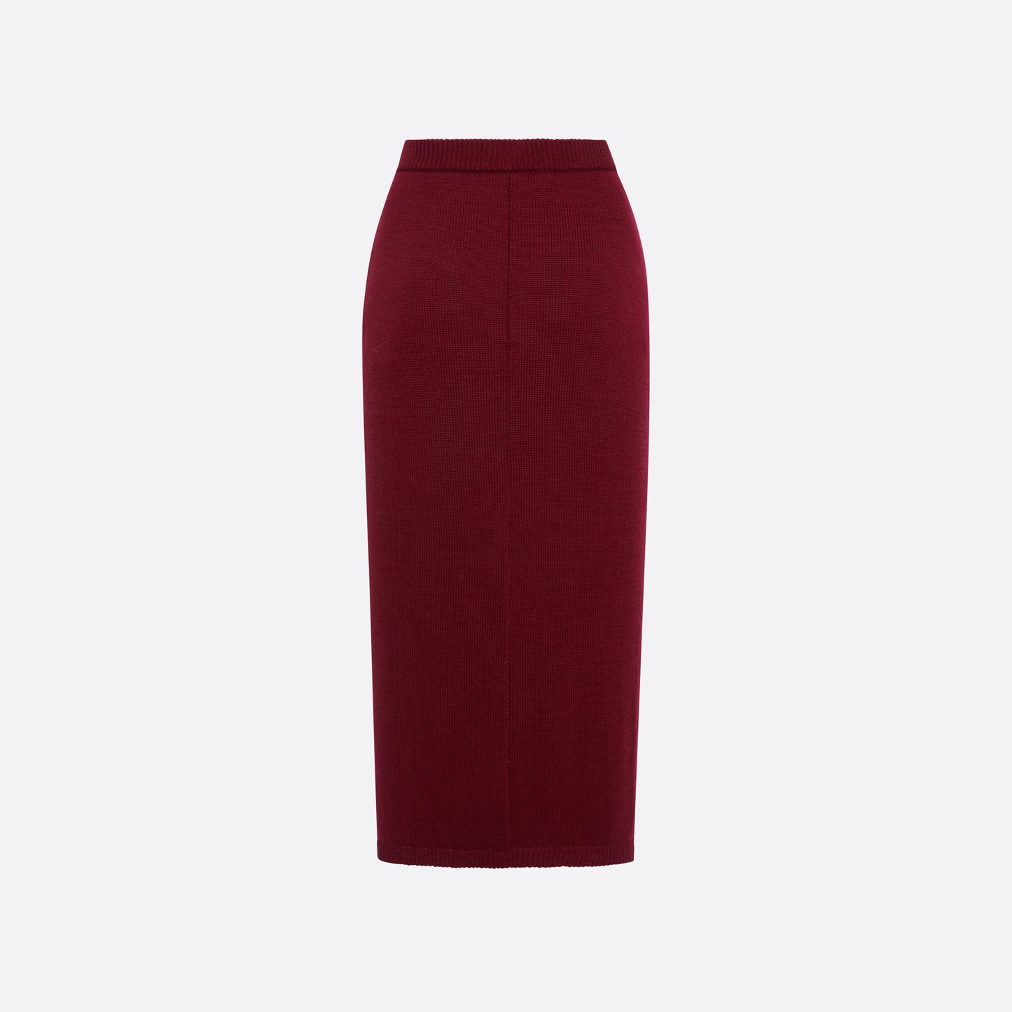 Bordeaux merino wool lace-knit midi skirt cut in a fitted silhouette. Finished with decorative pockets and black and gold-tone buttons.