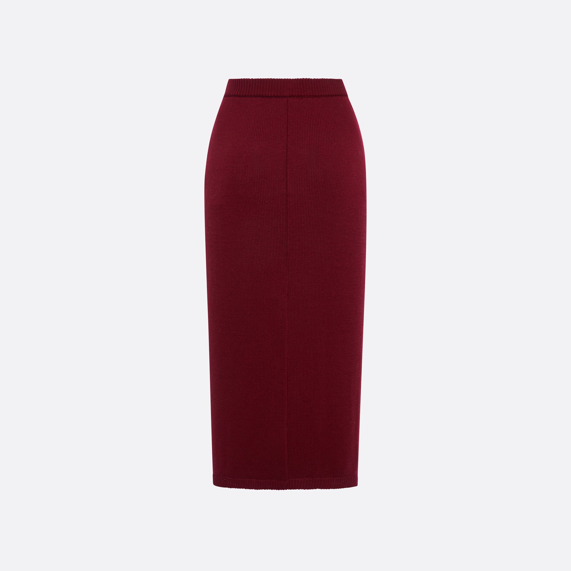 Bordeaux merino wool lace-knit midi skirt cut in a fitted silhouette. Finished with decorative pockets and black and gold-tone buttons.