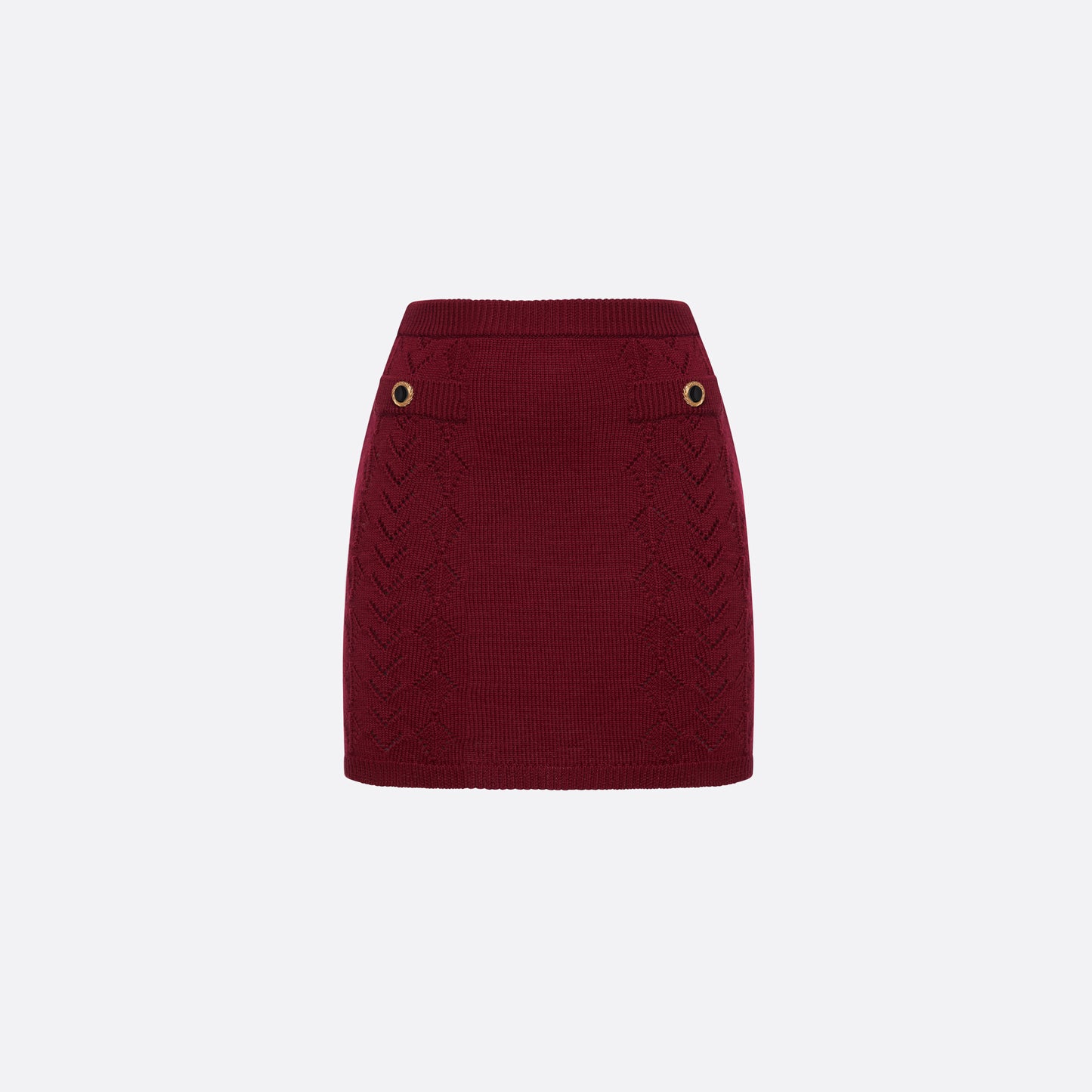 Bordeaux merino wool lace-knit mini skirt cut to a fitted silhouette with pocket details and black and gold-tone buttons.