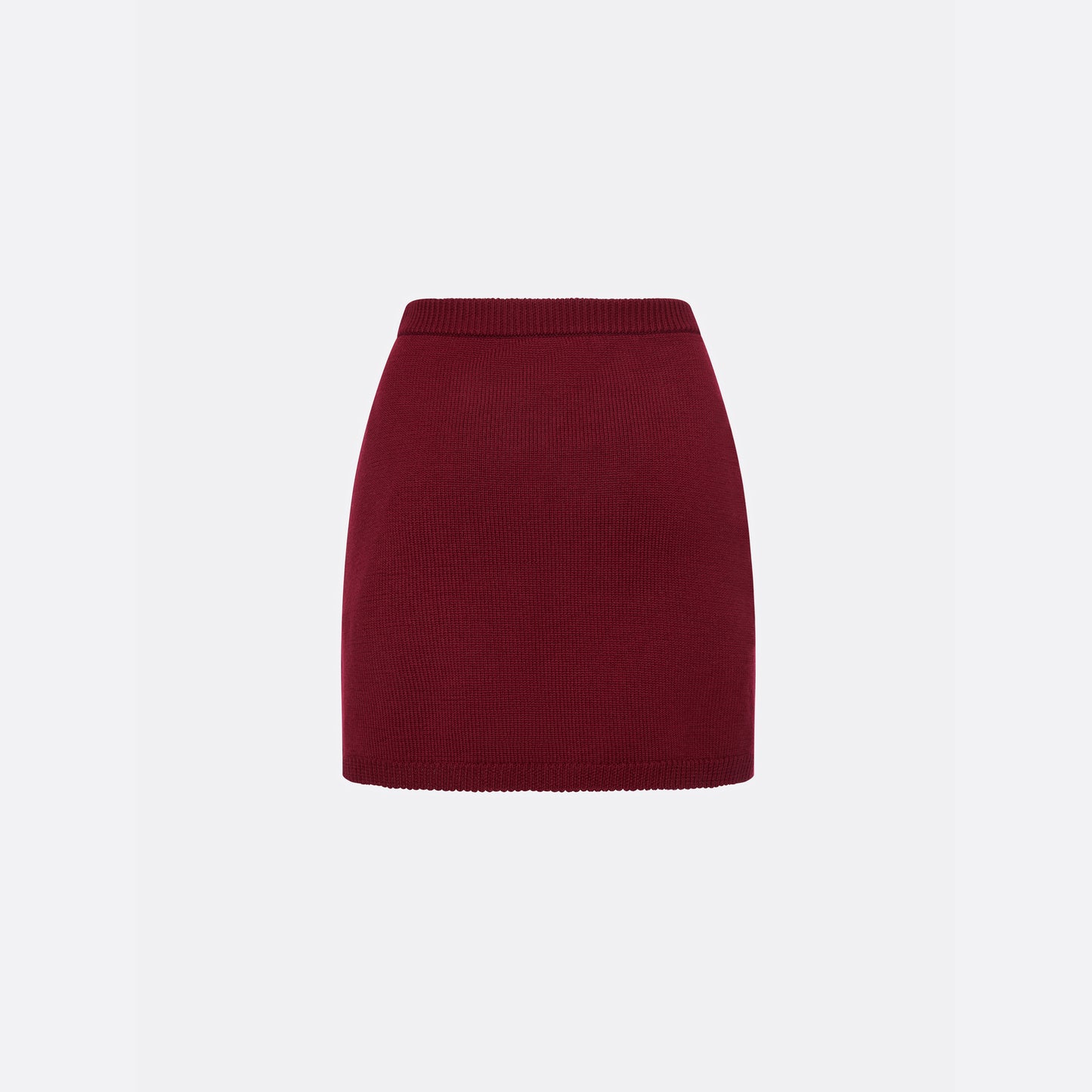 Bordeaux merino wool lace-knit mini skirt cut to a fitted silhouette with pocket details and black and gold-tone buttons.