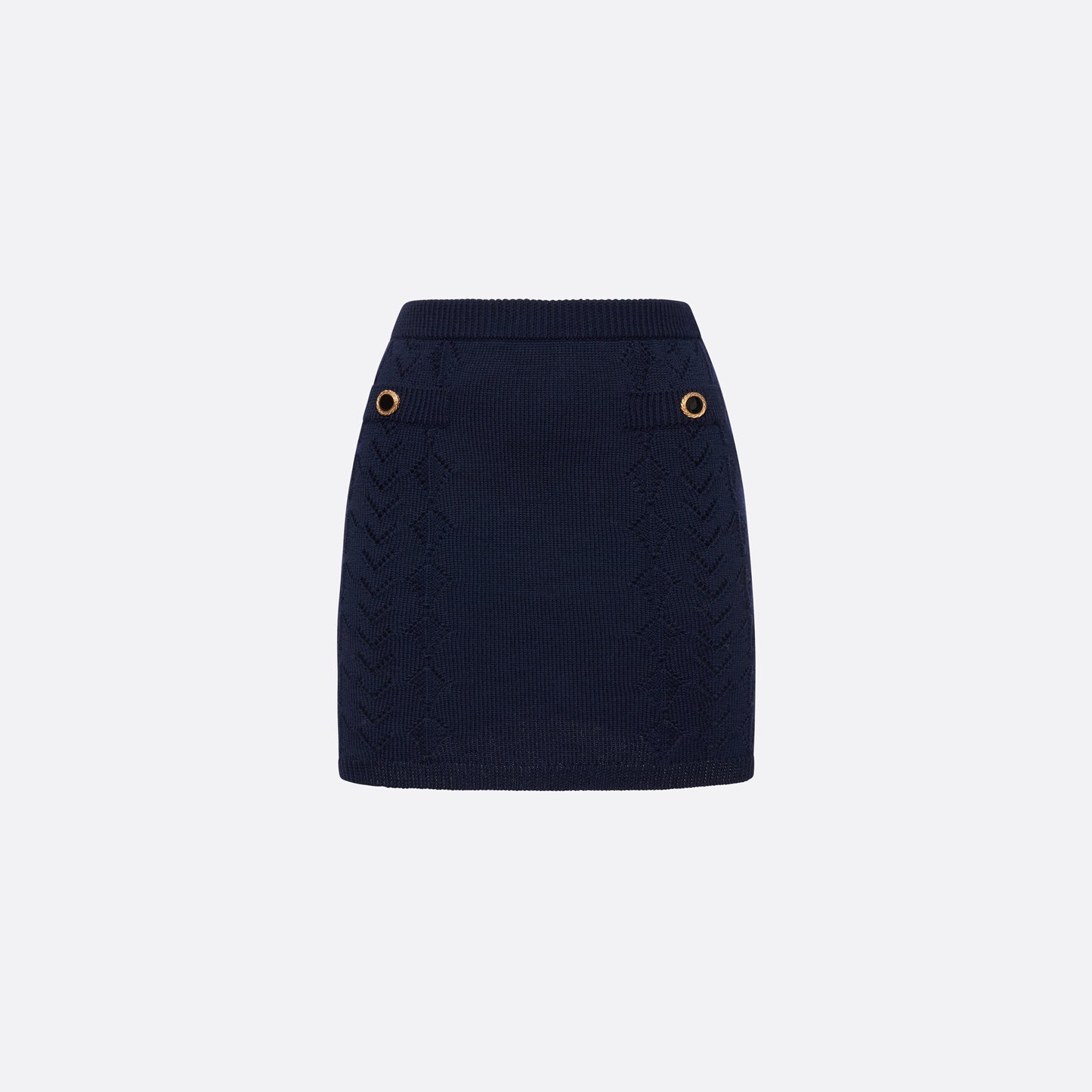 Navy-blue merino wool lace-knit mini skirt cut to a fitted silhouette with pocket details and black and gold-tone buttons.