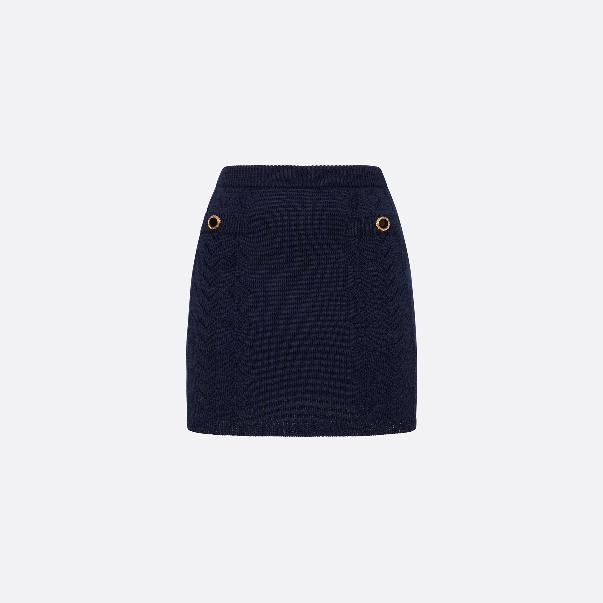 Navy-blue merino wool lace-knit mini skirt cut to a fitted silhouette with pocket details and black and gold-tone buttons.