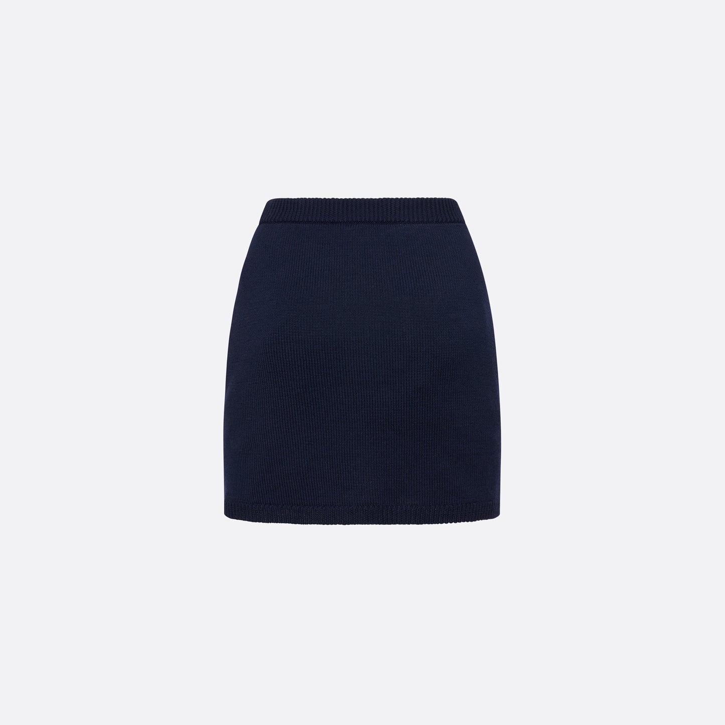 Navy-blue merino wool lace-knit mini skirt cut to a fitted silhouette with pocket details and black and gold-tone buttons.