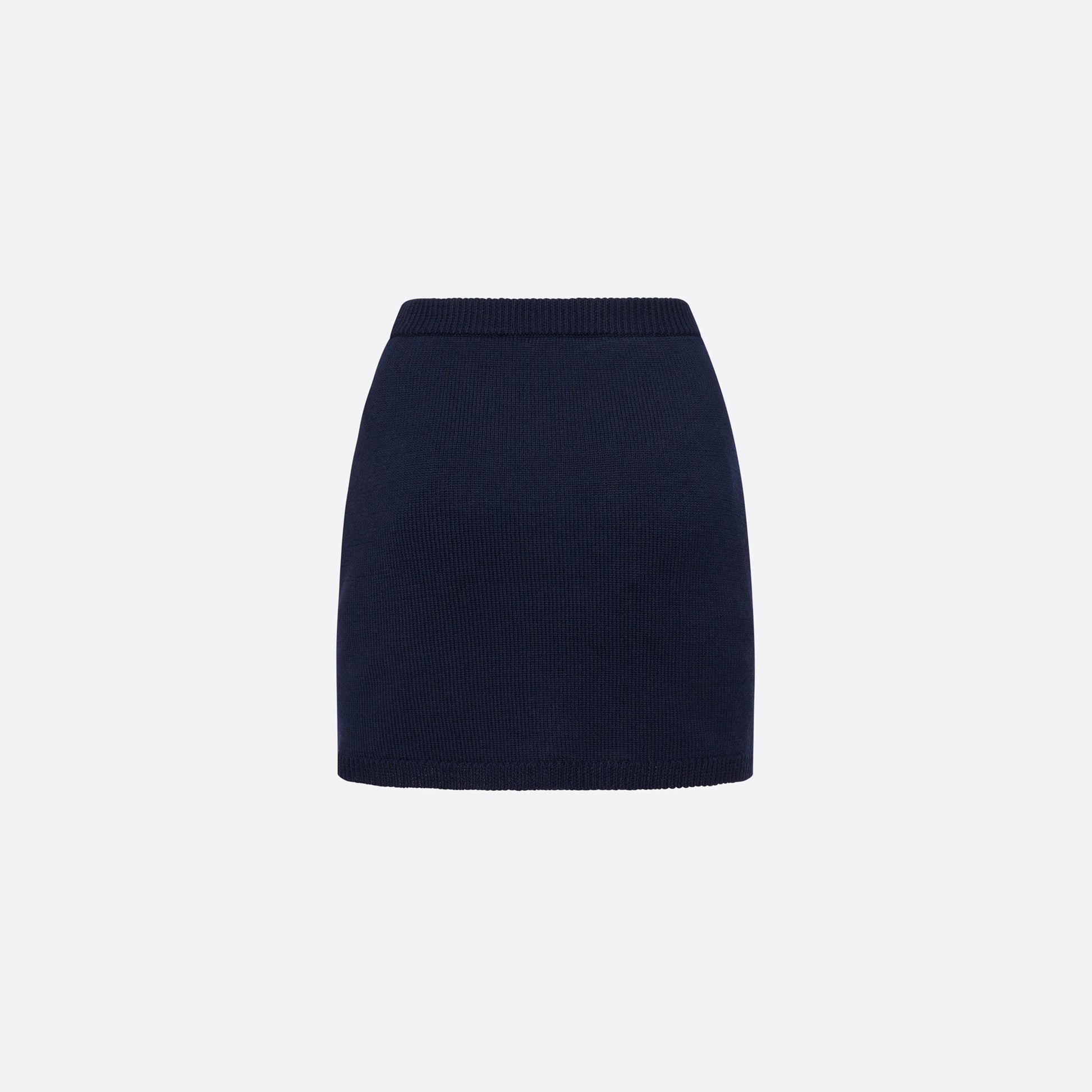 Navy-blue merino wool lace-knit mini skirt cut to a fitted silhouette with pocket details and black and gold-tone buttons.