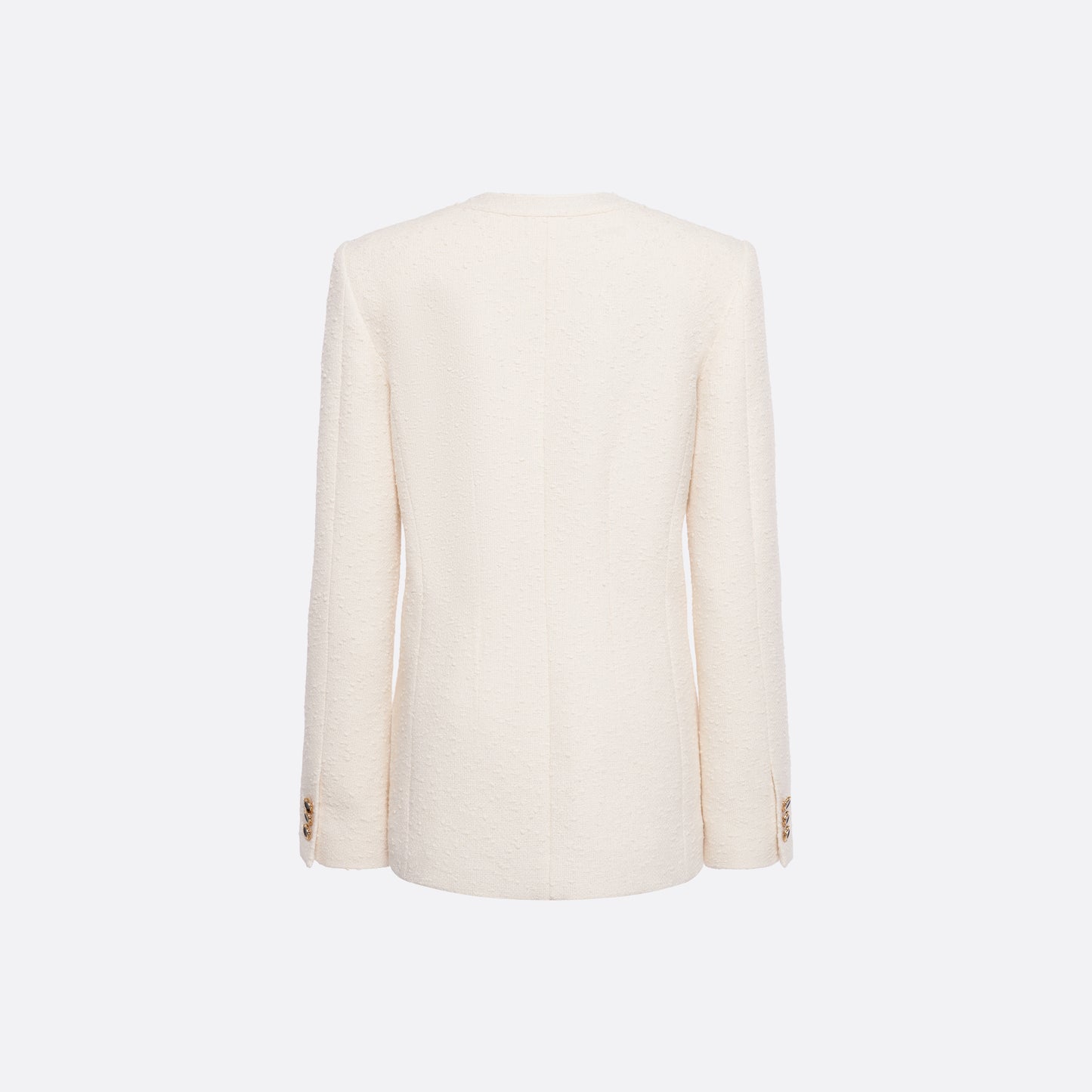 Ivory tweed bouclé jacket cut to a longline silhouette with a V-neckline and patch pockets. Finished with black and gold-tone buttons and a bow detail.